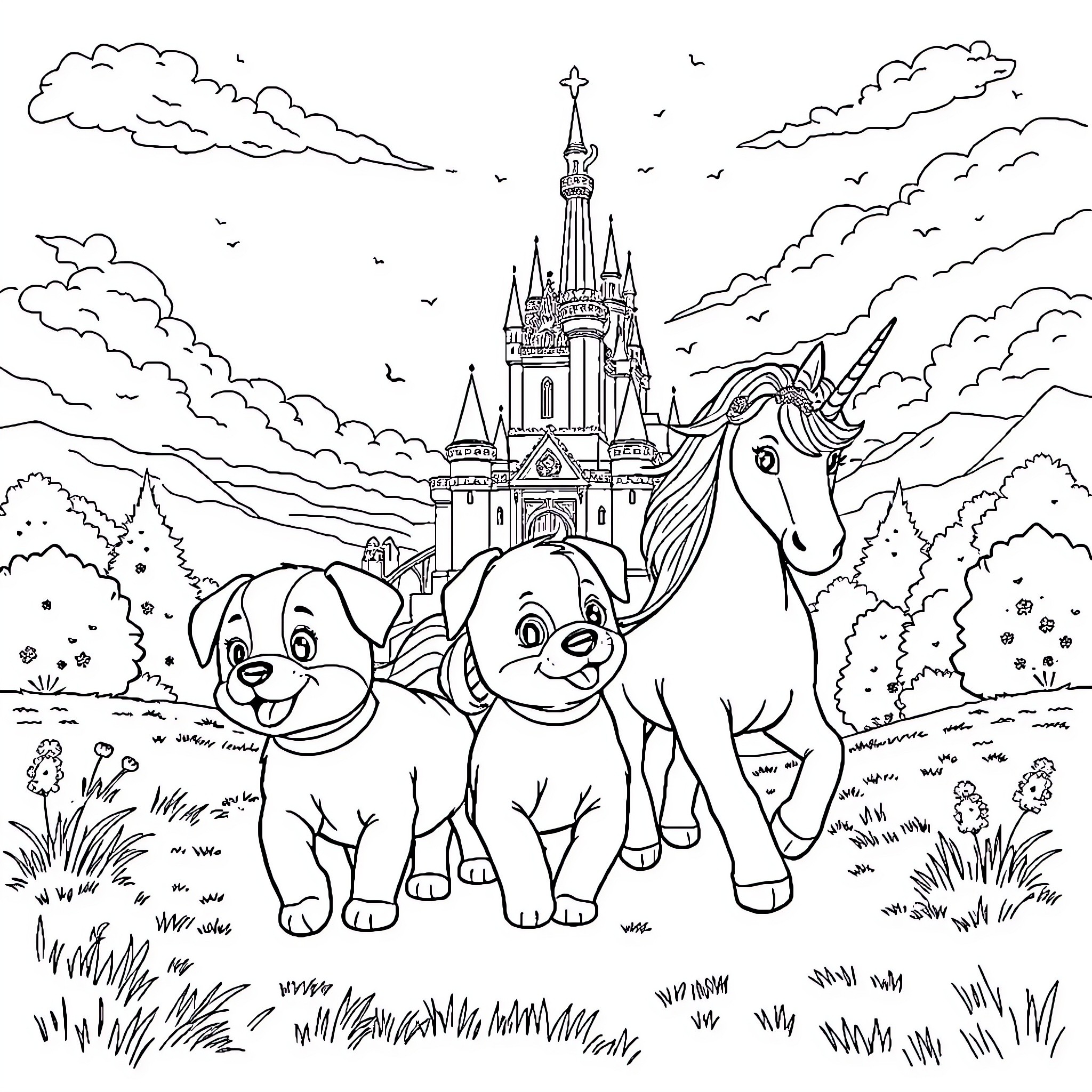 Bingo with Pets and Castle in Scenic Landscape Coloring Page (free black-and-white line drawing printable PDF for all, from beginners to advanced learners, including children, teens, adults, and seniors)