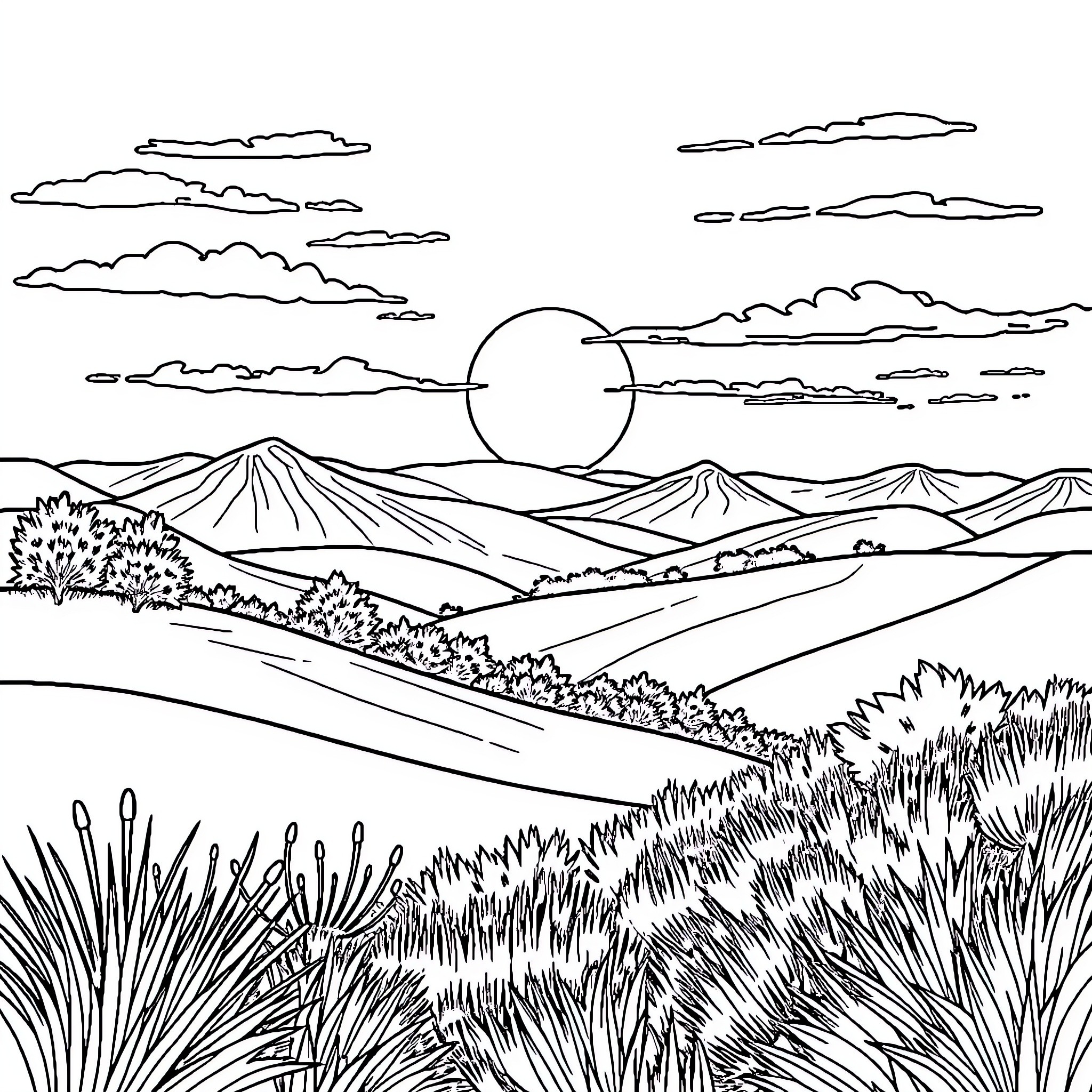 Sun shines over mountainous landscape Coloring Page (free black-and-white line drawing printable PDF for all, from beginners to advanced learners, including children, teens, adults, and seniors)