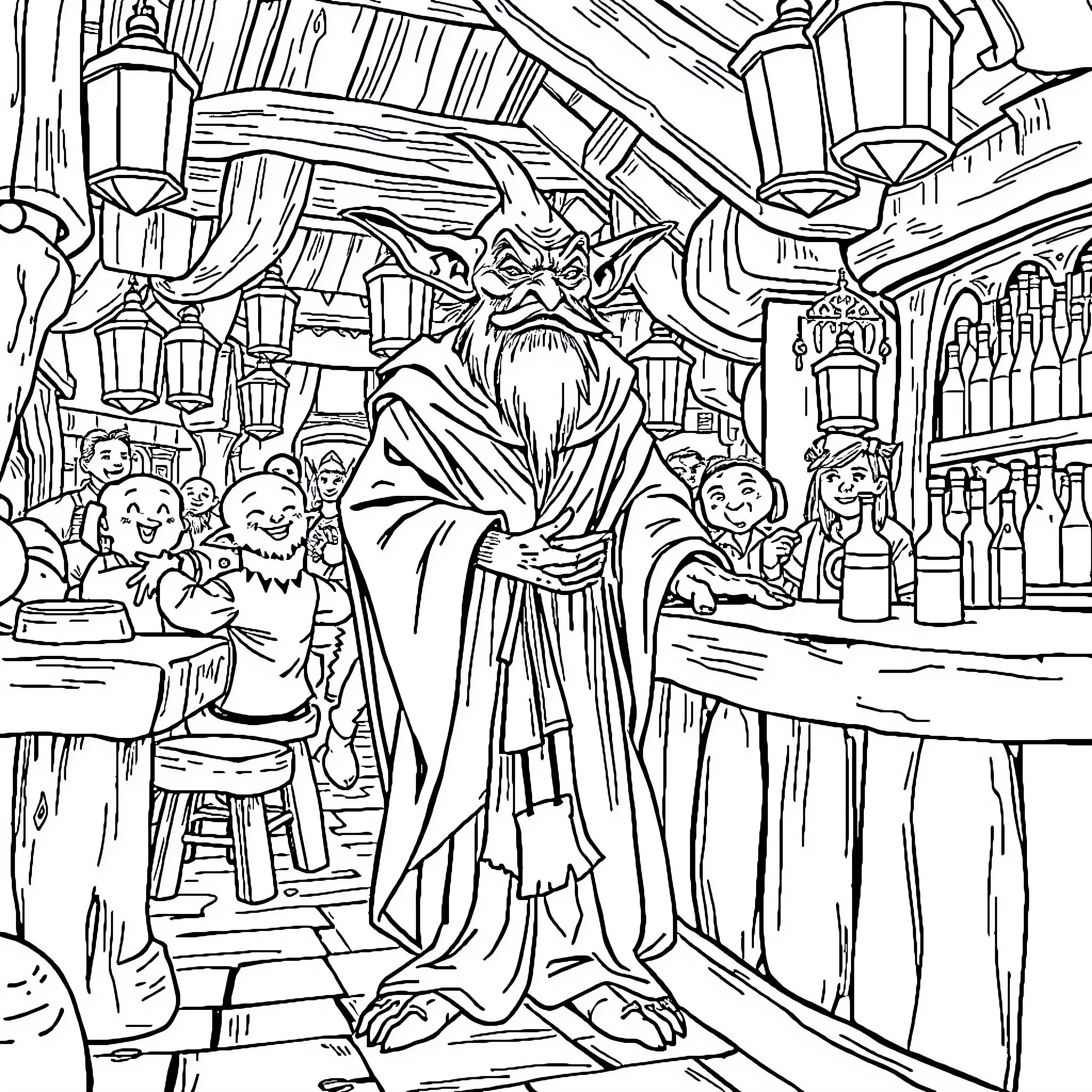 Goblin Bartender Serving Drinks in a Lively Tavern Coloring Page (free black-and-white line drawing printable PDF for all, from beginners to advanced learners, including children, teens, adults, and seniors)