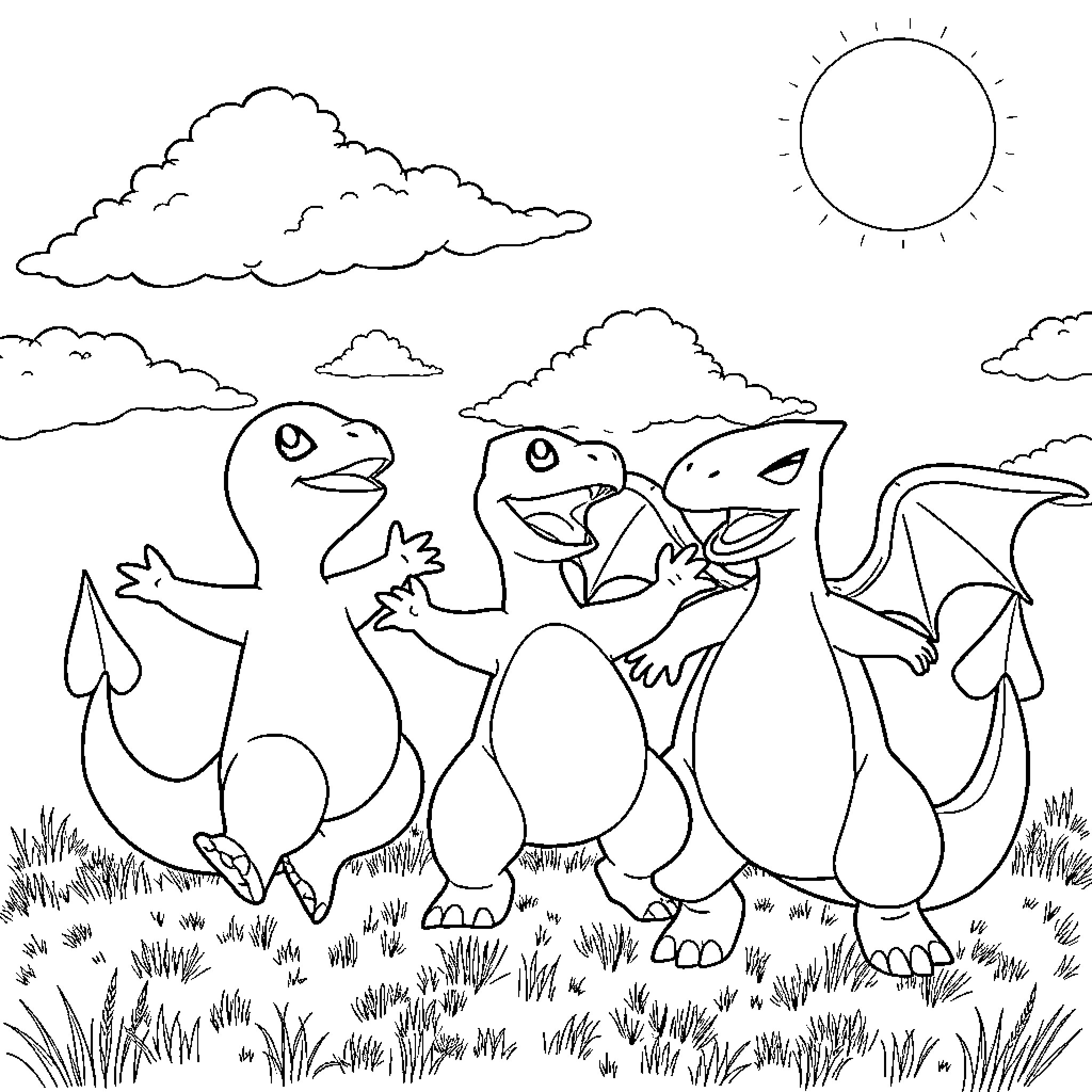 Charmander and friends enjoying the outdoors Coloring Page (free black-and-white line drawing printable PDF for all, from beginners to advanced learners, including children, teens, adults, and seniors)