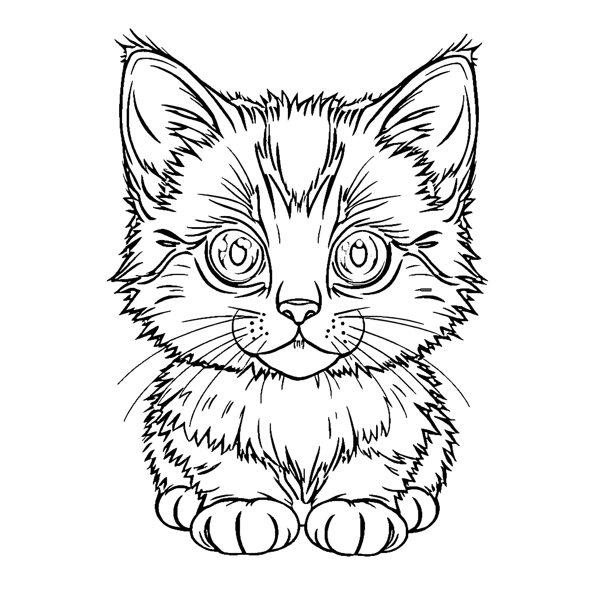 Cat in a Whimsical Illustration Coloring Page (free black-and-white line drawing printable PDF for all, from beginners to advanced learners, including children, teens, adults, and seniors)