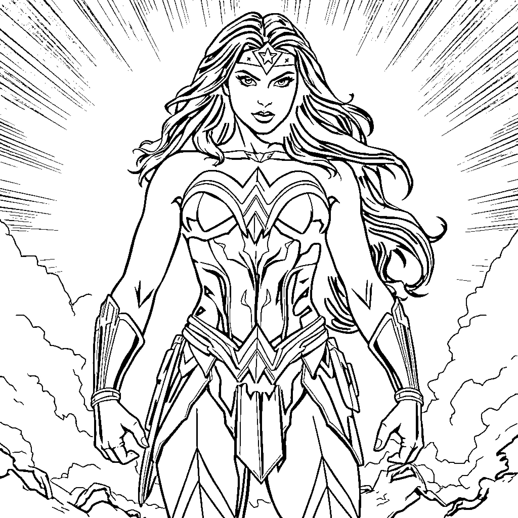 Wonder Woman in heroic stance with lightning backdrop Coloring Page (free black-and-white line drawing printable PDF for all, from beginners to advanced learners, including children, teens, adults, and seniors)