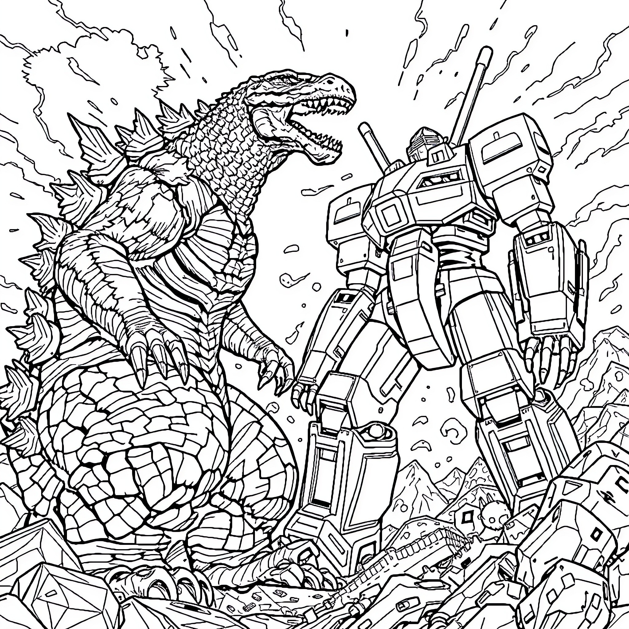 Godzilla battles against a giant robot Coloring Page (free black-and-white line drawing printable PDF for all, from beginners to advanced learners, including children, teens, adults, and seniors)