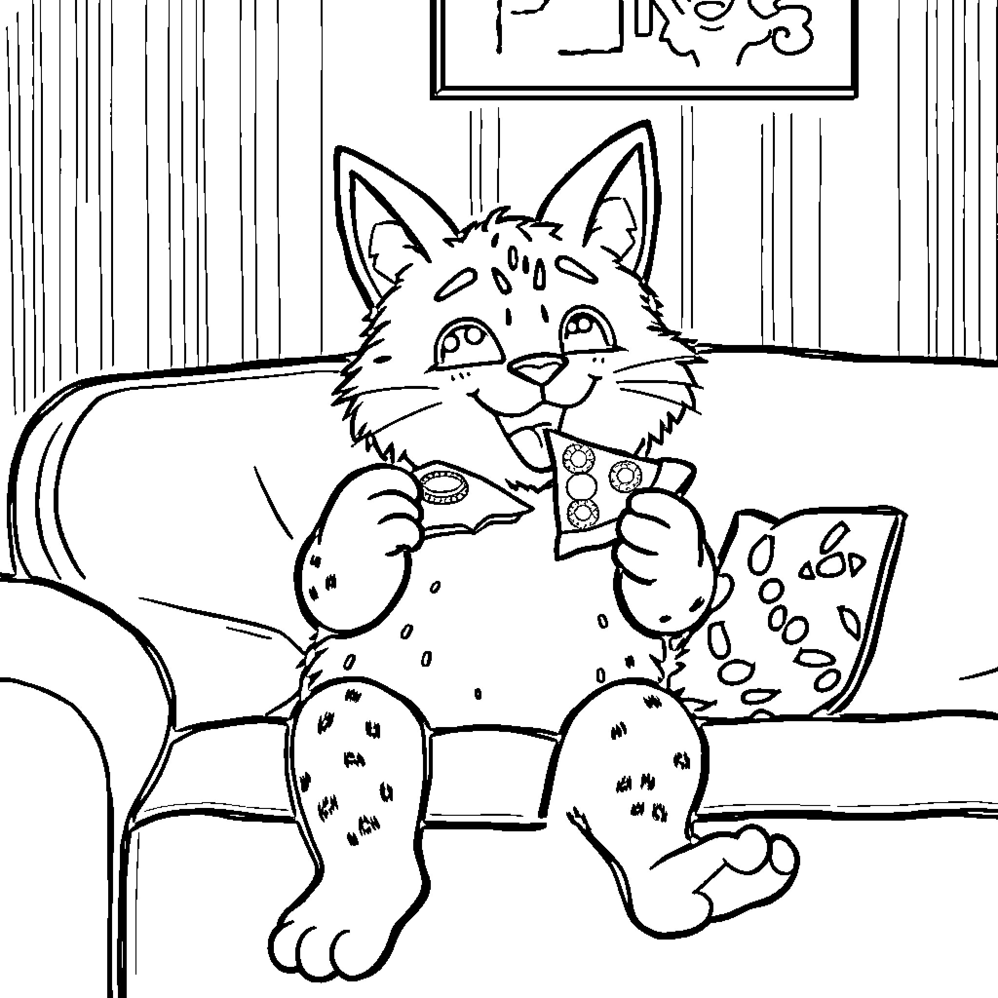 Lafufu the Cat Lounging and Playing Video Games Coloring Page (free black-and-white line drawing printable PDF for all, from beginners to advanced learners, including children, teens, adults, and seniors)