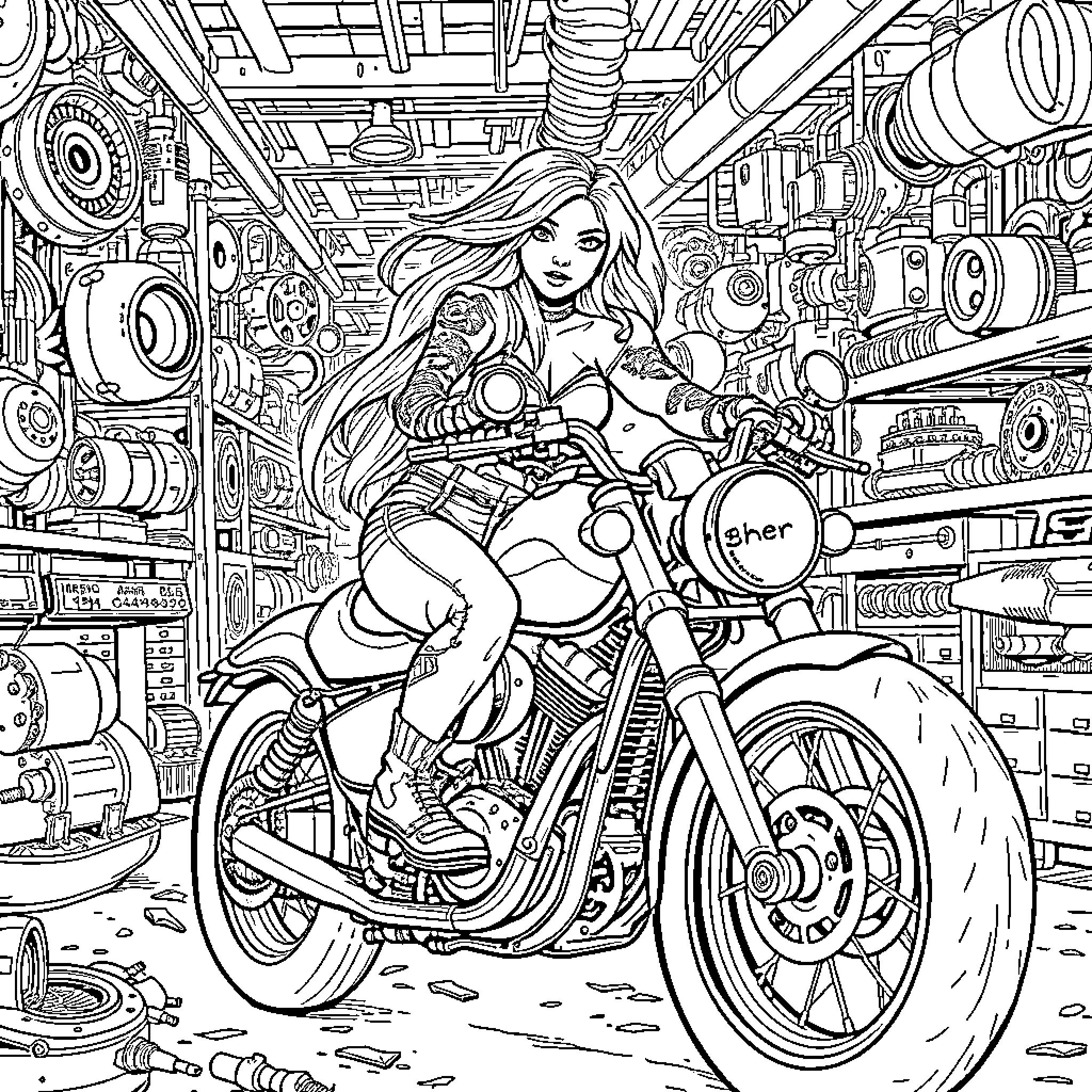 Biker girl riding a motorcycle in a garage Coloring Page (free black-and-white line drawing printable PDF for all, from beginners to advanced learners, including children, teens, adults, and seniors)