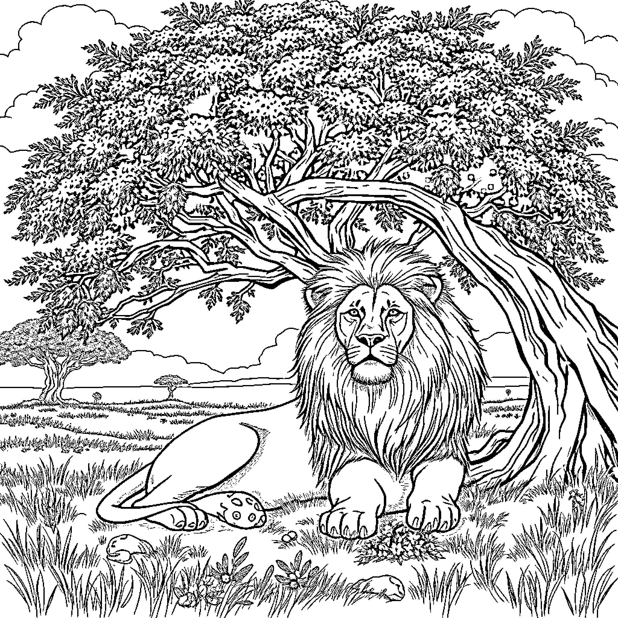 Lion resting in the shade of a large tree Coloring Page (free black-and-white line drawing printable PDF for all, from beginners to advanced learners, including children, teens, adults, and seniors)