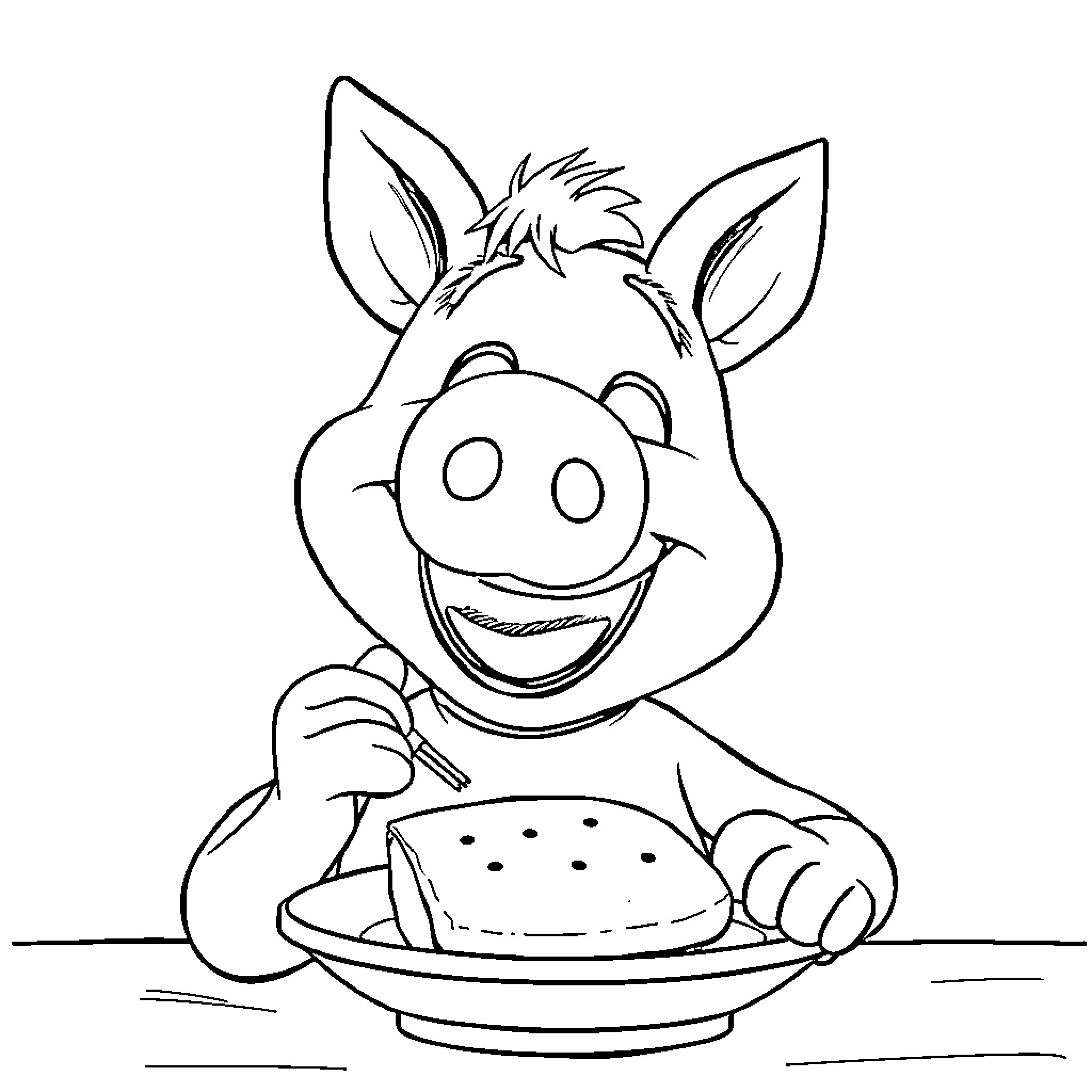 Dobby the Pig Enjoying a Delicious Meal Coloring Page (free black-and-white line drawing printable PDF for all, from beginners to advanced learners, including children, teens, adults, and seniors)