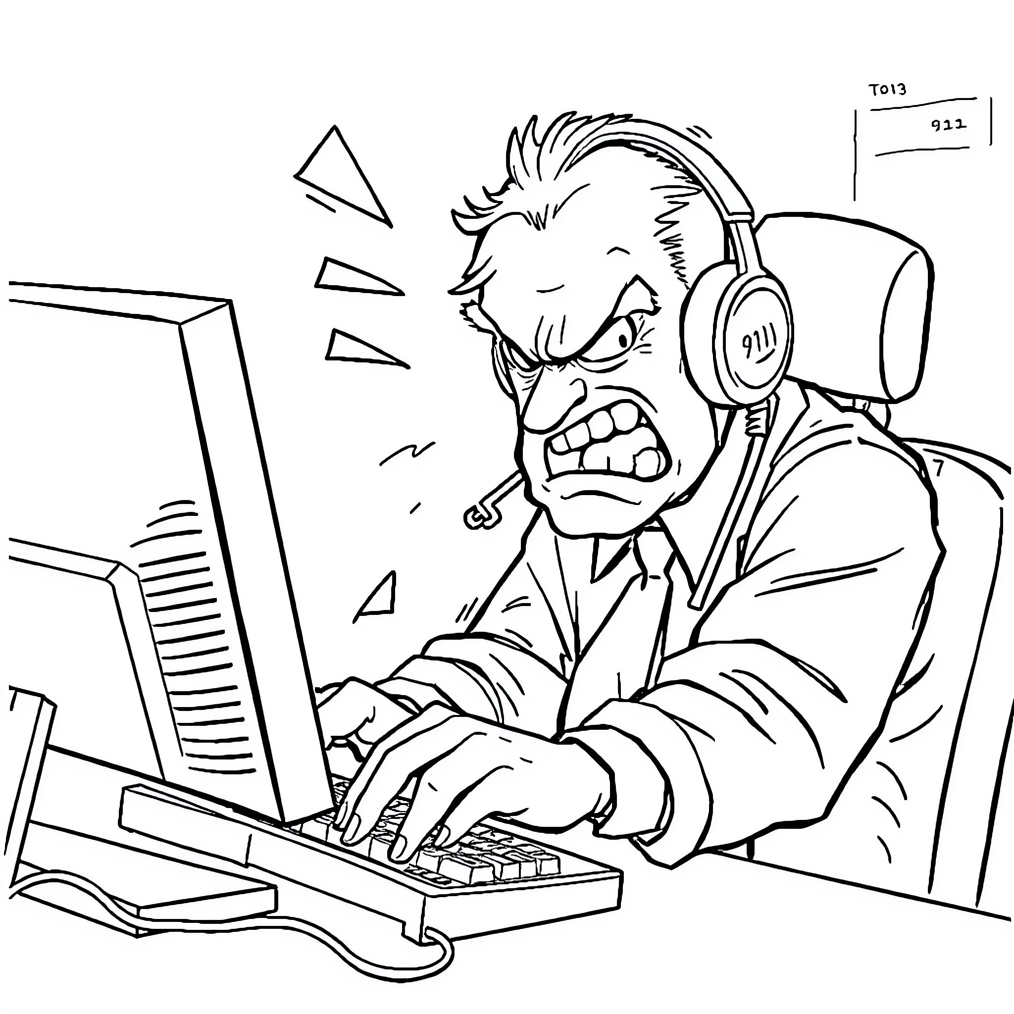 Operator working angrily at computer terminal Coloring Page (free black-and-white line drawing printable PDF for all, from beginners to advanced learners, including children, teens, adults, and seniors)