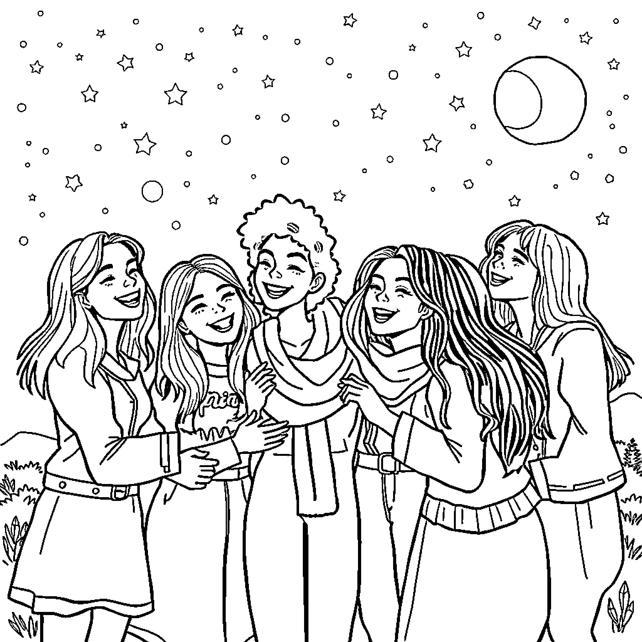 Friend group enjoying a starry night together Coloring Page (free black-and-white line drawing printable PDF for all, from beginners to advanced learners, including children, teens, adults, and seniors)