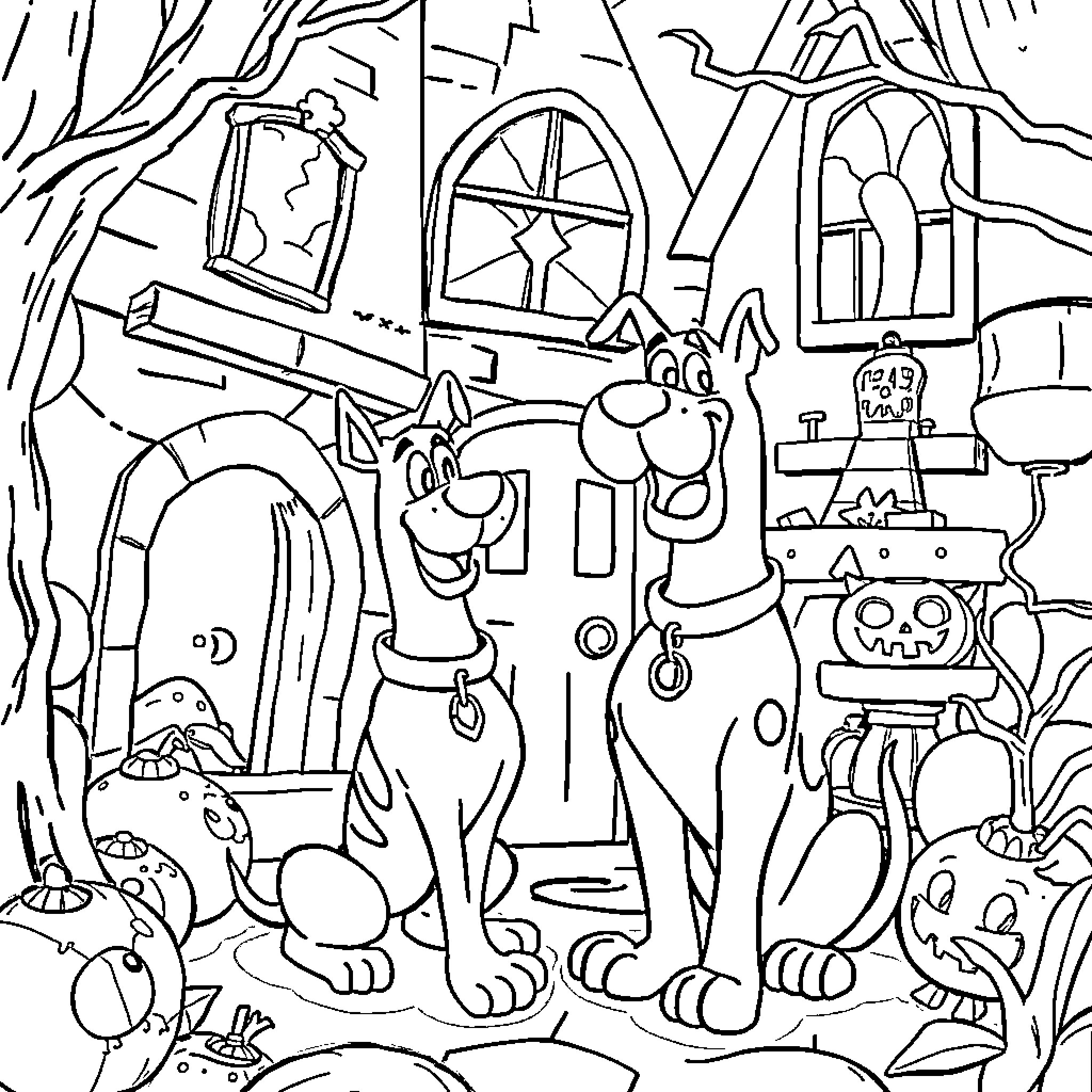 Scooby Doo and friends exploring a mysterious old house Coloring Page (free black-and-white line drawing printable PDF for all, from beginners to advanced learners, including children, teens, adults, and seniors)