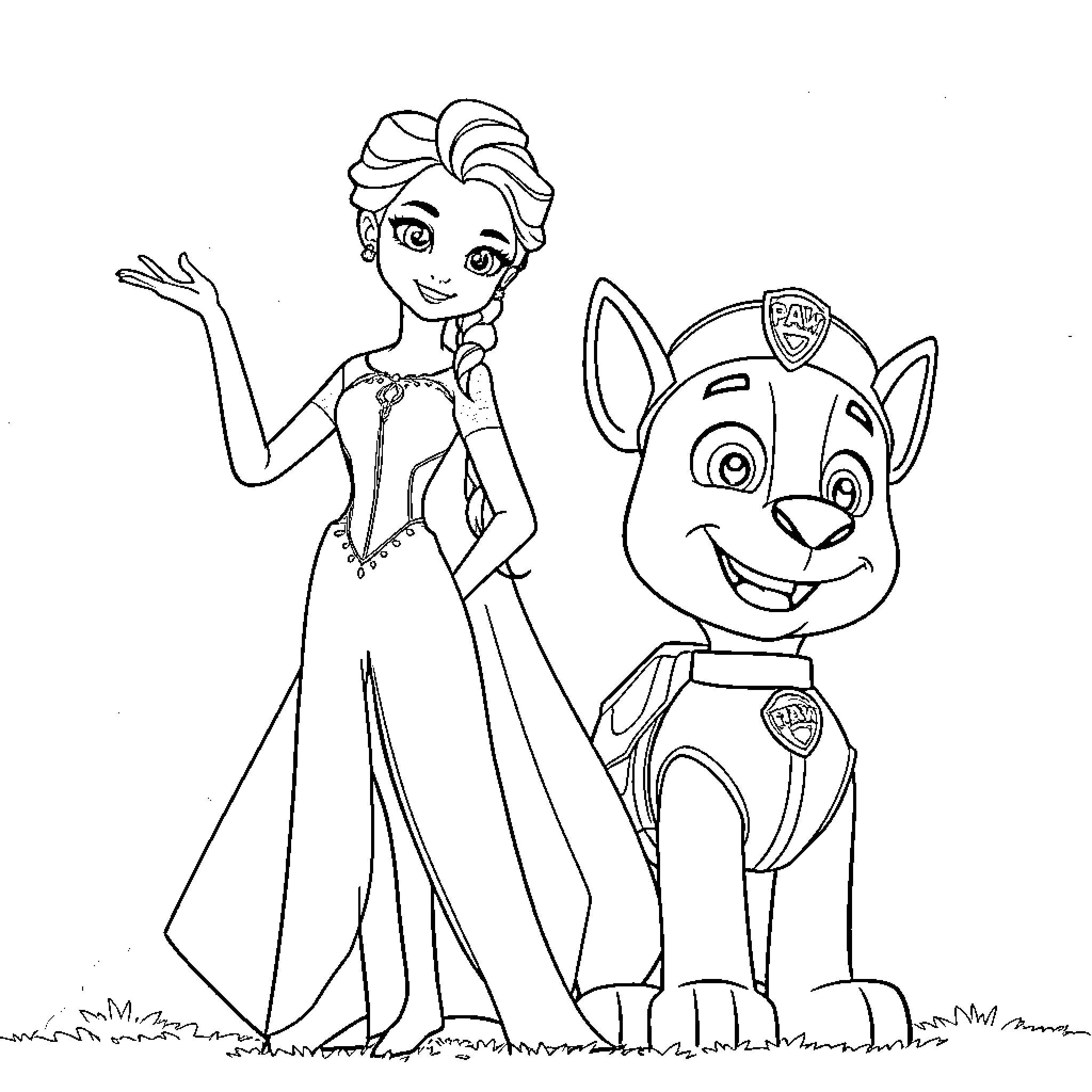Elsa and her Paw Patrol Companion Coloring Page (free black-and-white line drawing printable PDF for all, from beginners to advanced learners, including children, teens, adults, and seniors)
