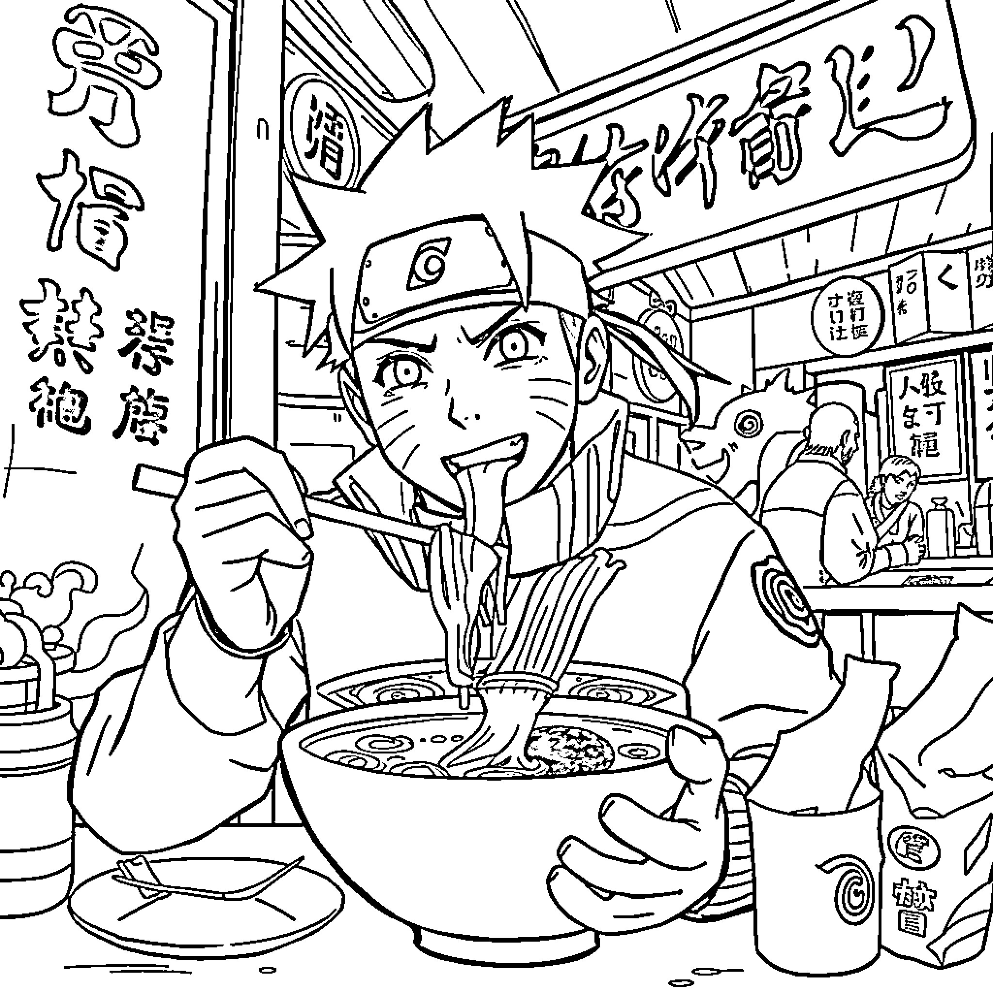 Naruto enjoying ramen at a busy noodle shop Coloring Page (free black-and-white line drawing printable PDF for all, from beginners to advanced learners, including children, teens, adults, and seniors)