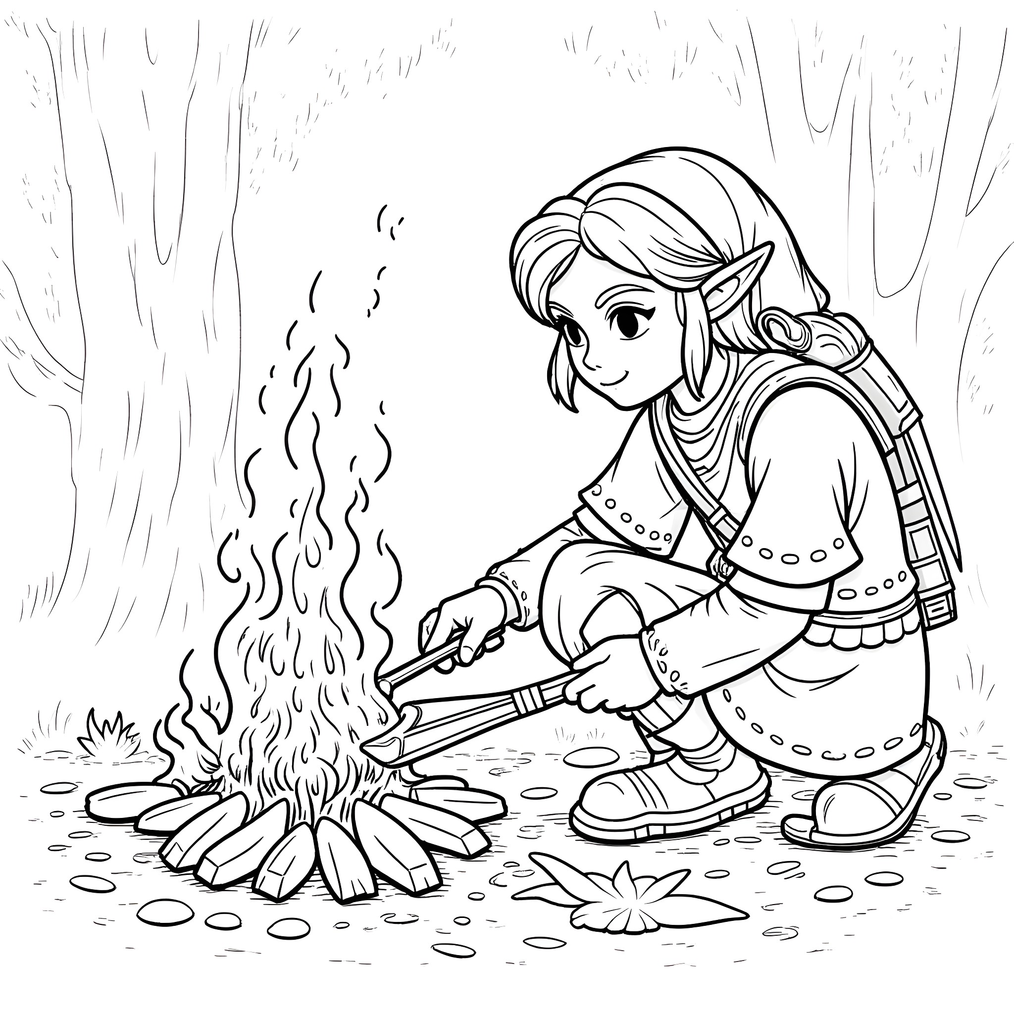 Link making a campfire in the forest Coloring Page (free black-and-white line drawing printable PDF for all, from beginners to advanced learners, including children, teens, adults, and seniors)