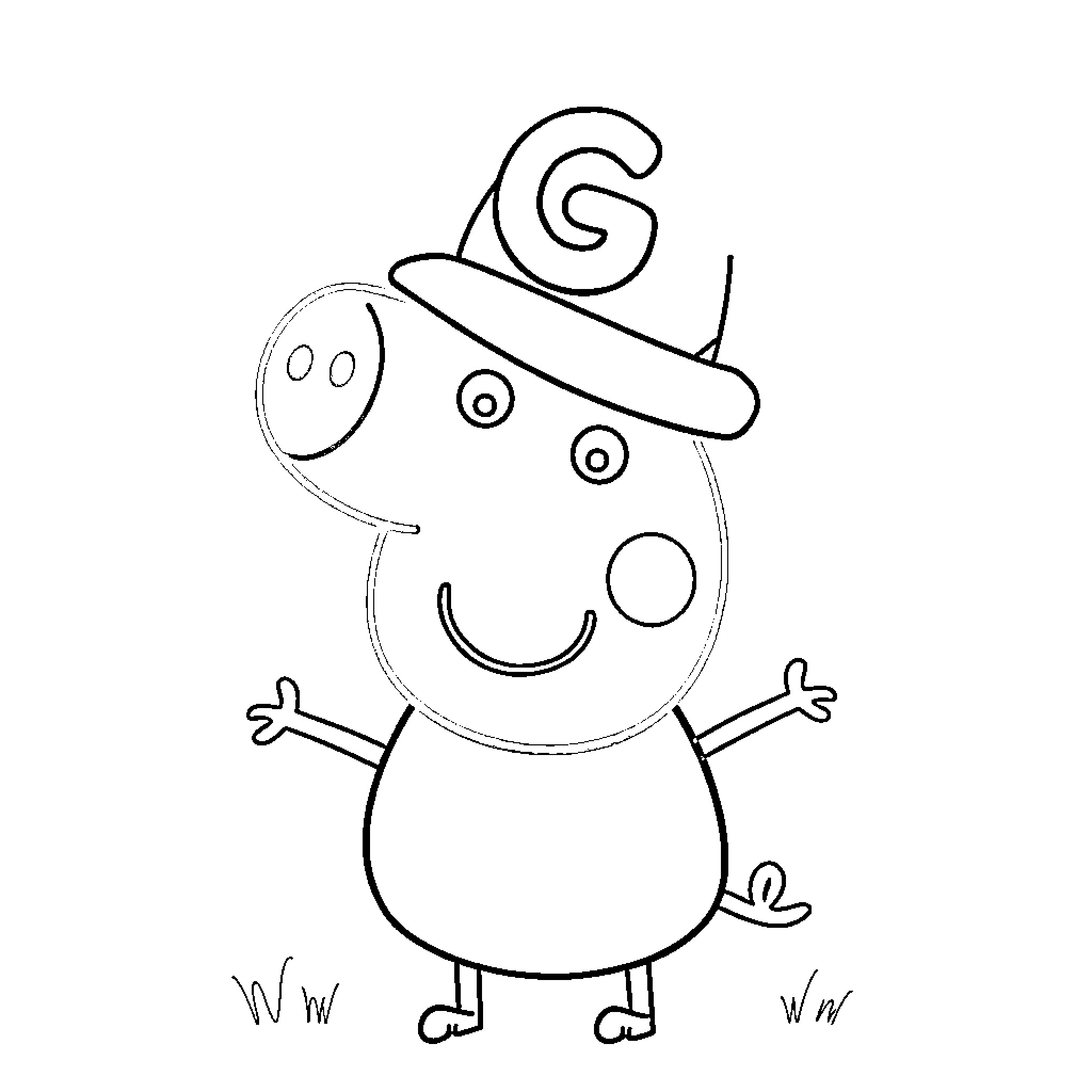 Peppa Pig wearing a hat and smiling Coloring Page (free black-and-white line drawing printable PDF for all, from beginners to advanced learners, including children, teens, adults, and seniors)