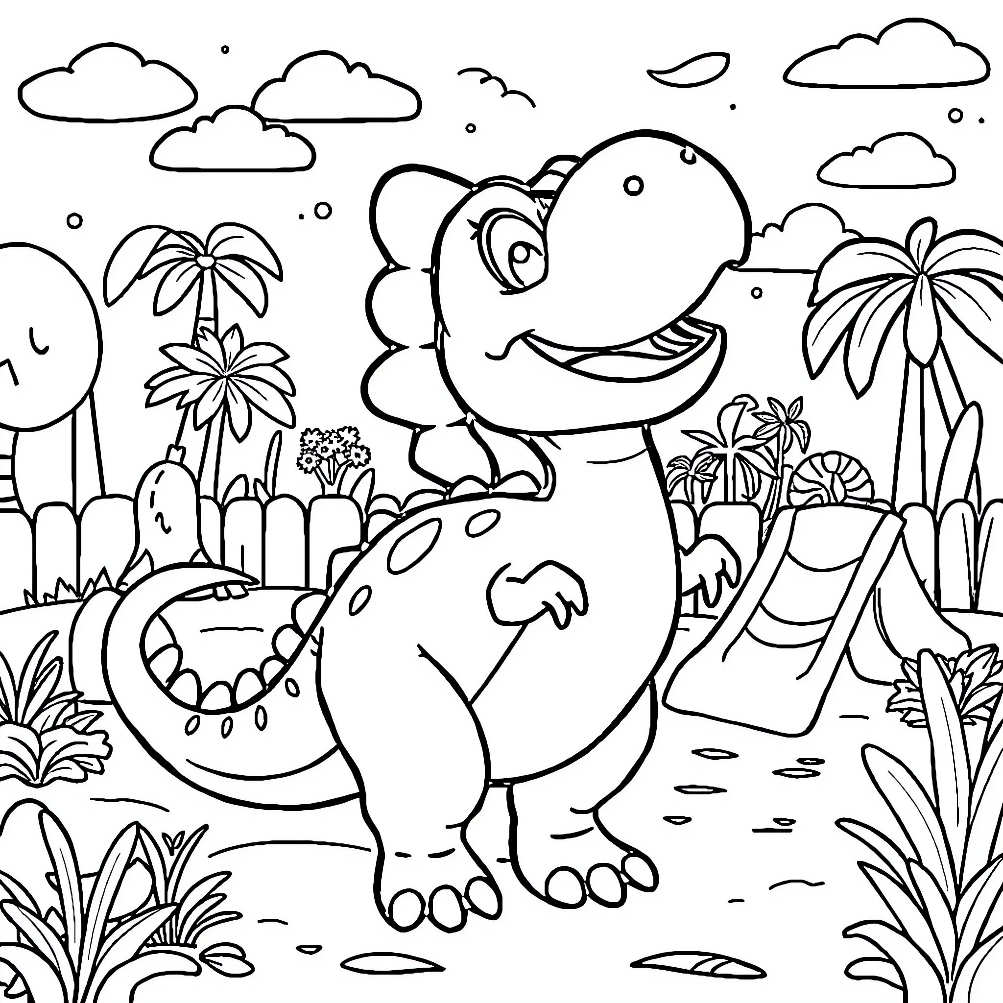 Dinosaur enjoying a sunny day in the tropical paradise Coloring Page (free black-and-white line drawing printable PDF for all, from beginners to advanced learners, including children, teens, adults, and seniors)