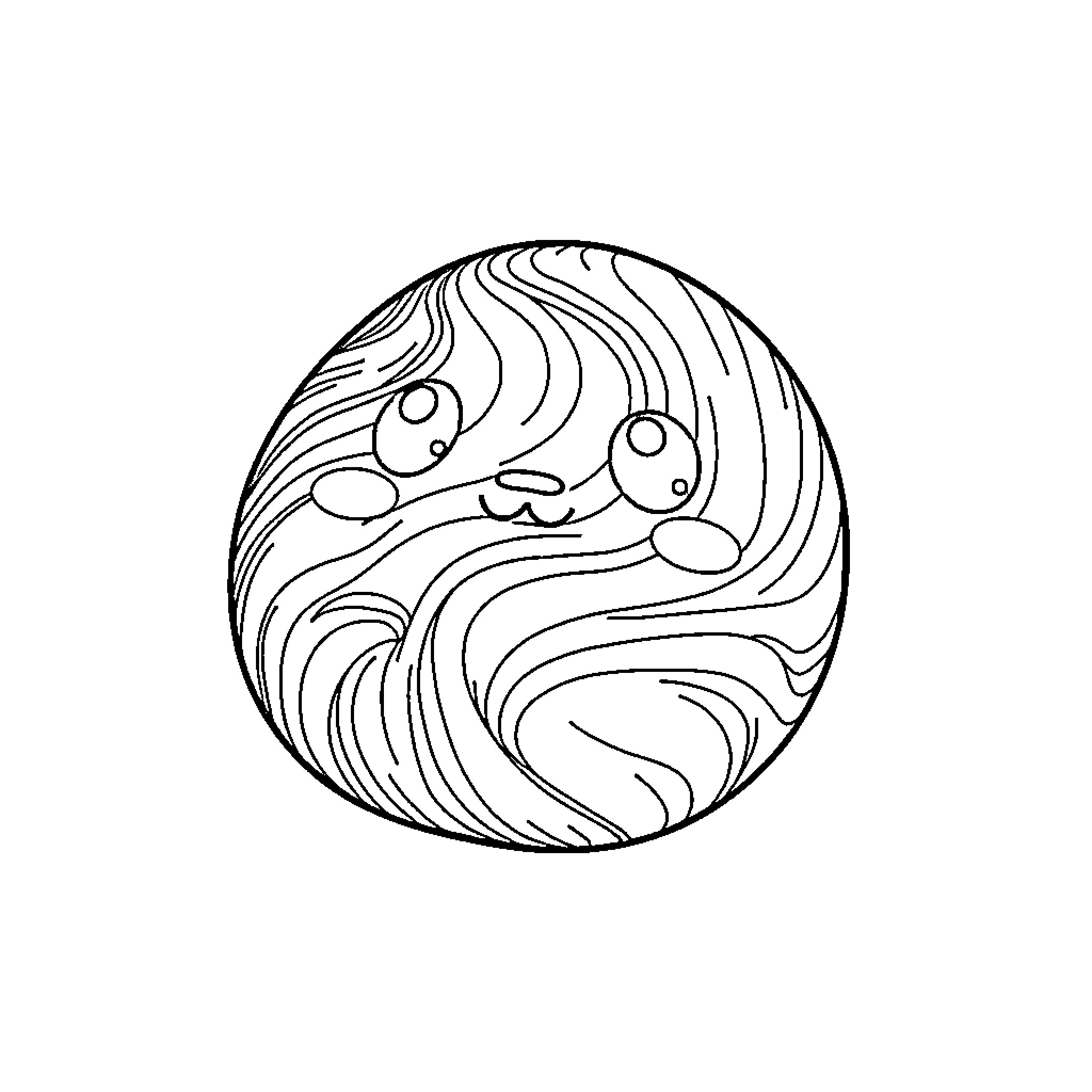 Needoh smiling character with wavy swirl patterns Coloring Page (free black-and-white line drawing printable PDF for all, from beginners to advanced learners, including children, teens, adults, and seniors)
