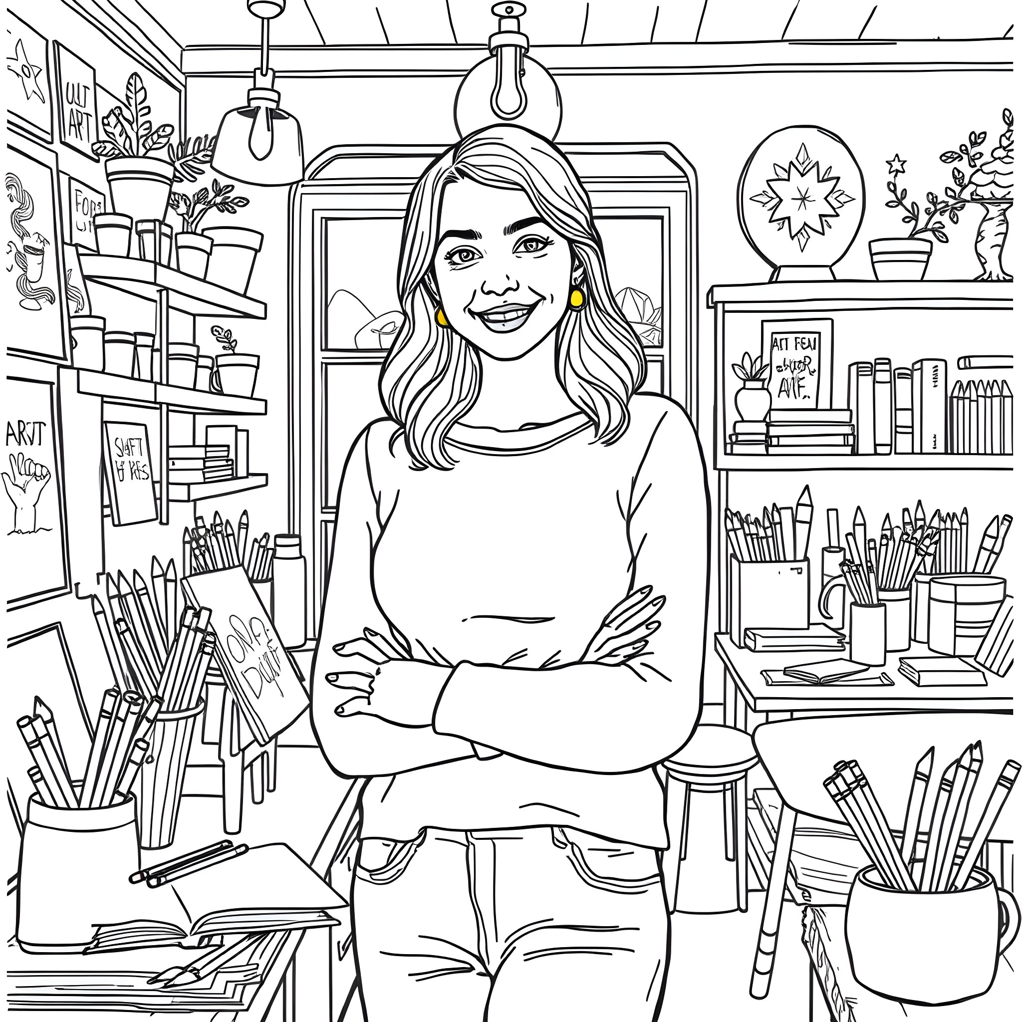 Emma Myers smiling in her art studio Coloring Page (free black-and-white line drawing printable PDF for all, from beginners to advanced learners, including children, teens, adults, and seniors)