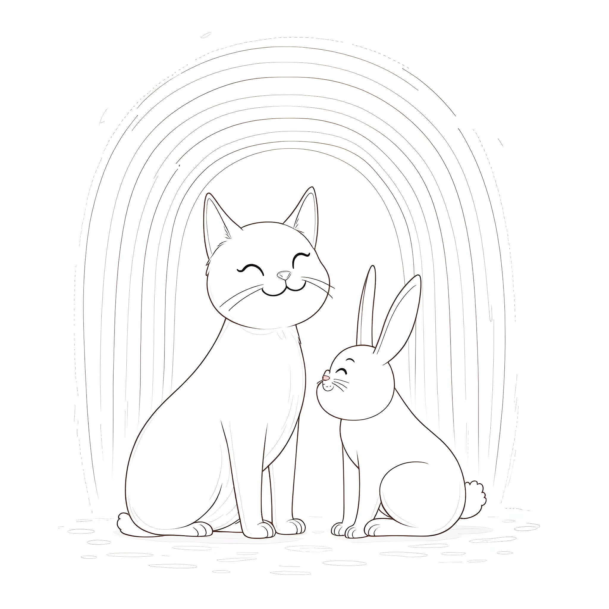 Cat and Rabbit in Peaceful Scene Coloring Page (free black-and-white line drawing printable PDF for all, from beginners to advanced learners, including children, teens, adults, and seniors)