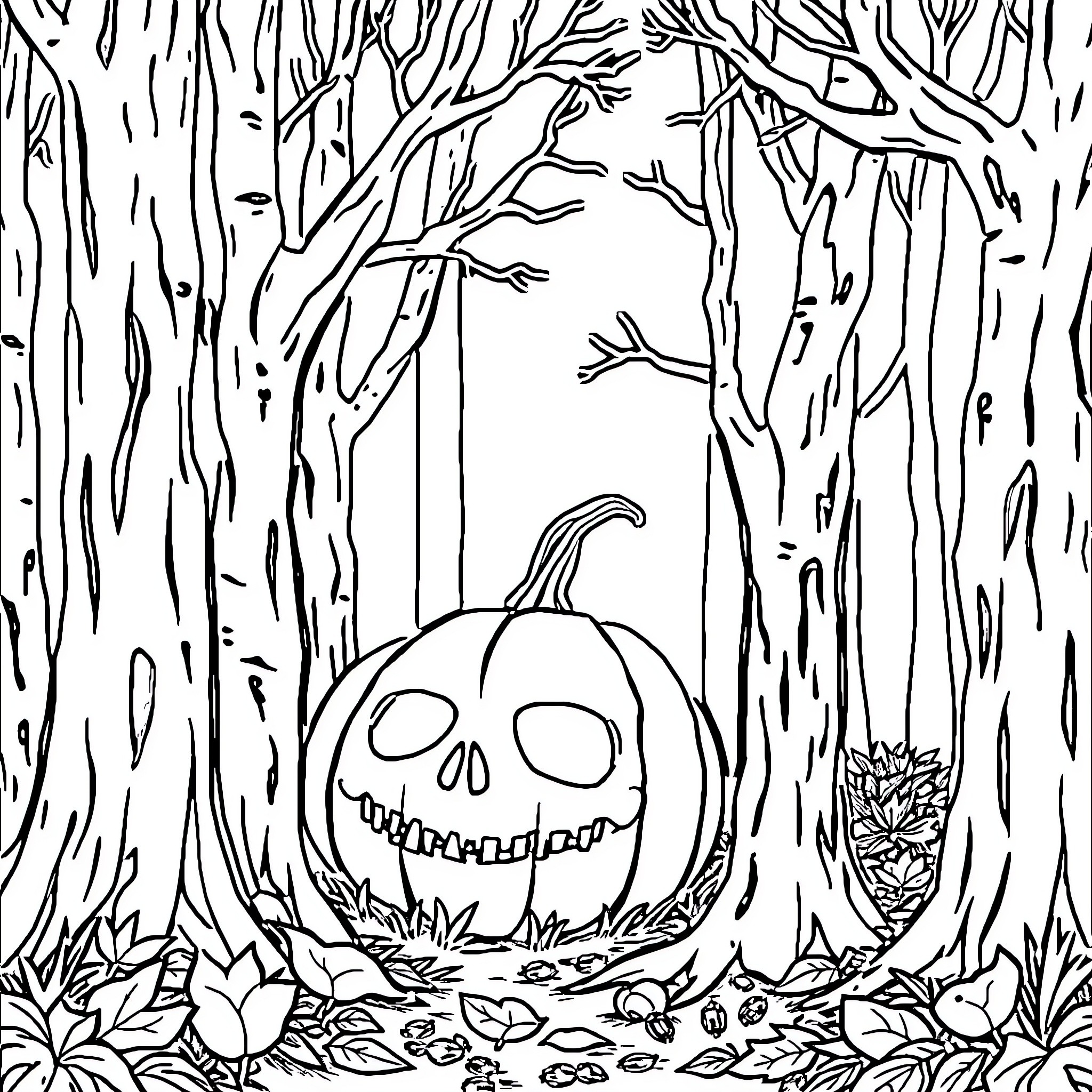 Skull in the Spooky Forest Coloring Page (free black-and-white line drawing printable PDF for all, from beginners to advanced learners, including children, teens, adults, and seniors)