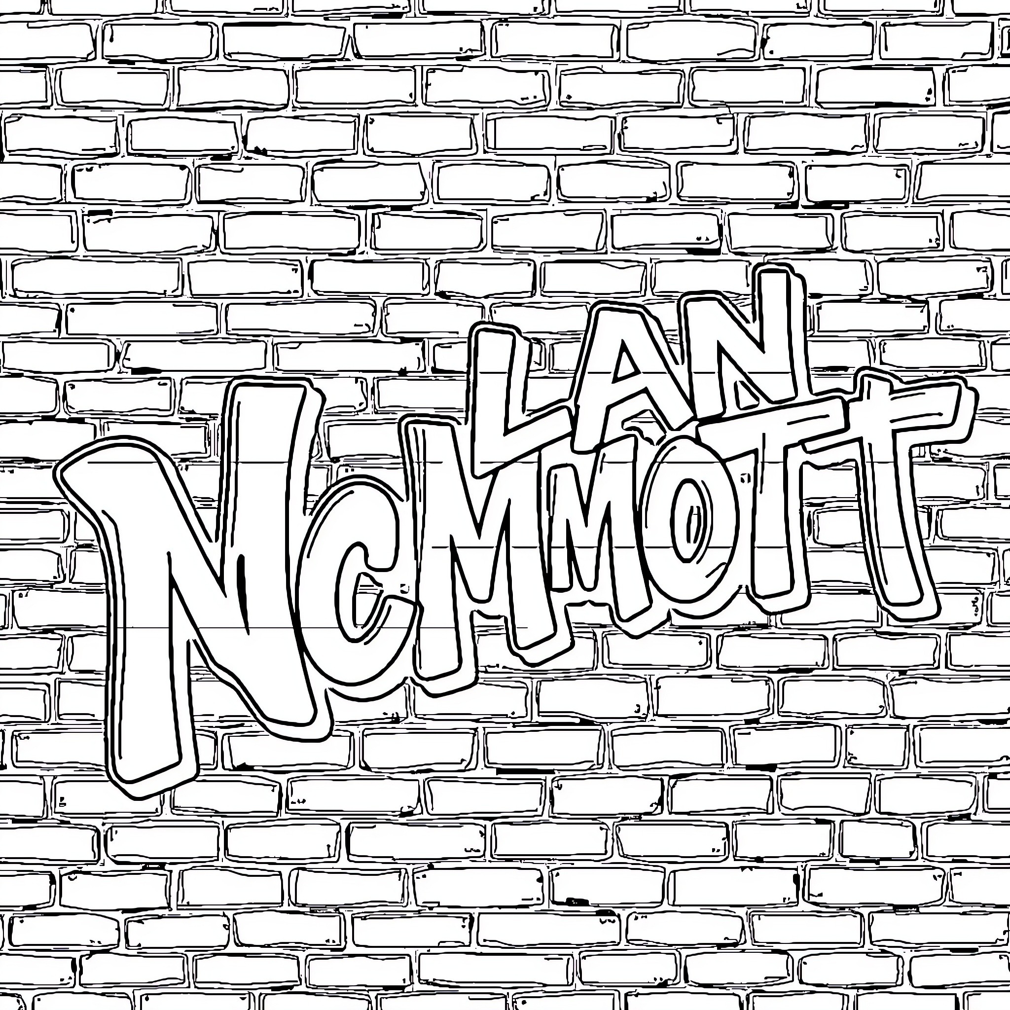 Nolan McDermott's graffiti wall art on brick surface Coloring Page (free black-and-white line drawing printable PDF for all, from beginners to advanced learners, including children, teens, adults, and seniors)