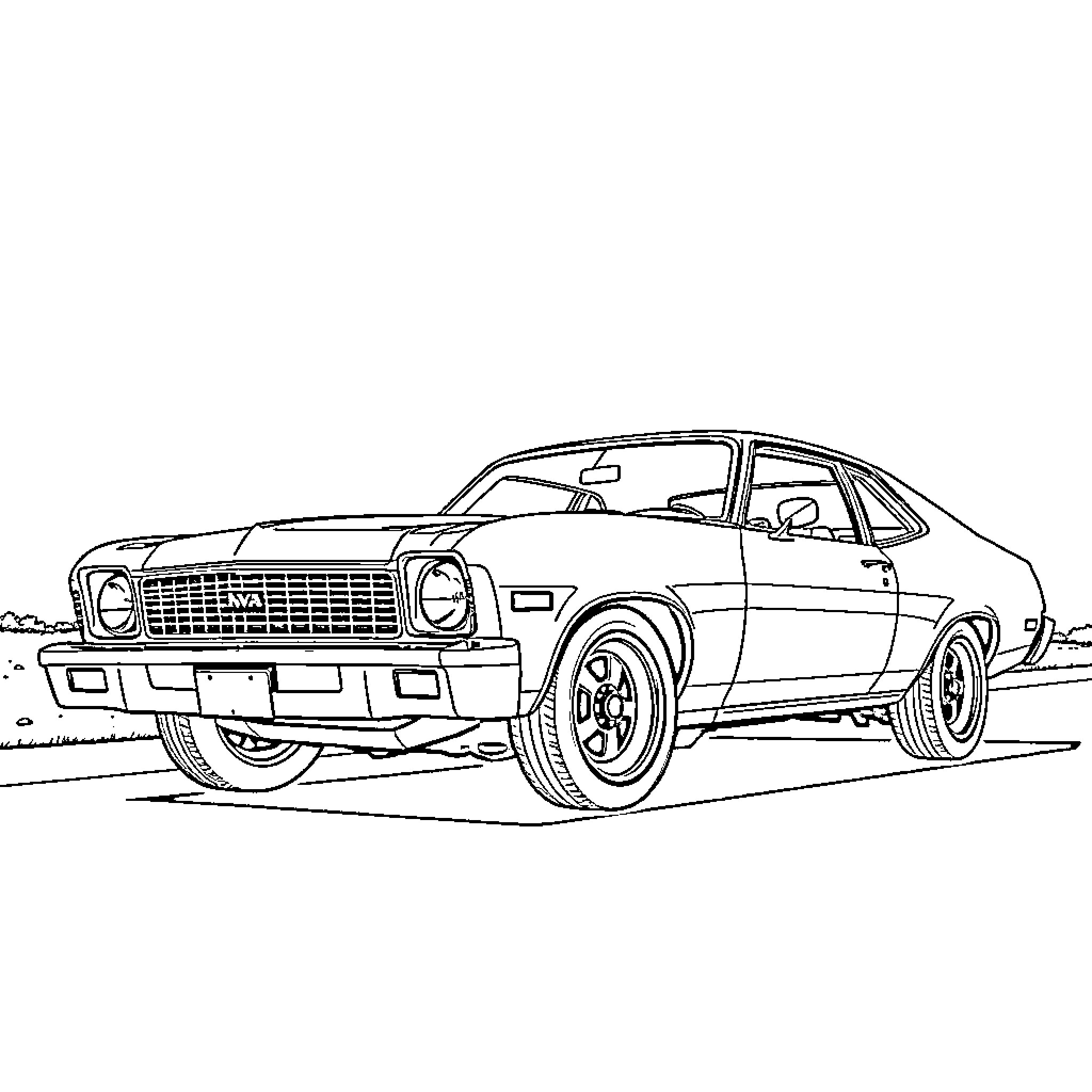 Nova classic muscle car in motion Coloring Page (free black-and-white line drawing printable PDF for all, from beginners to advanced learners, including children, teens, adults, and seniors)