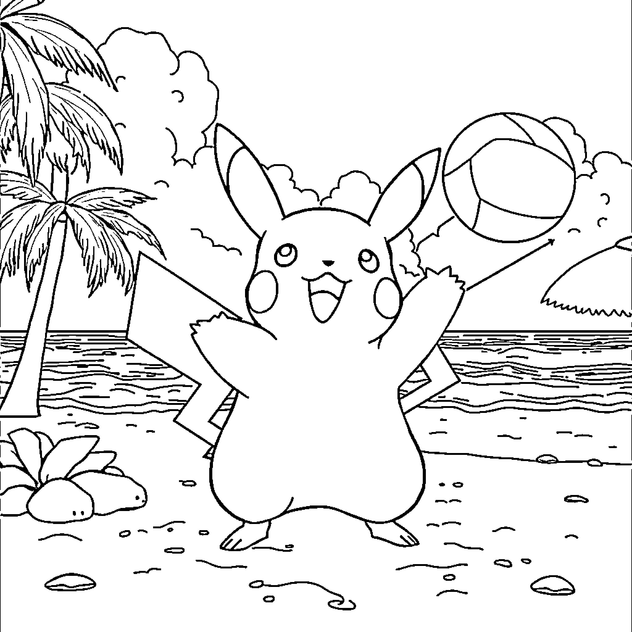 Pikachu playing joyfully on the beach Coloring Page (free black-and-white line drawing printable PDF for all, from beginners to advanced learners, including children, teens, adults, and seniors)