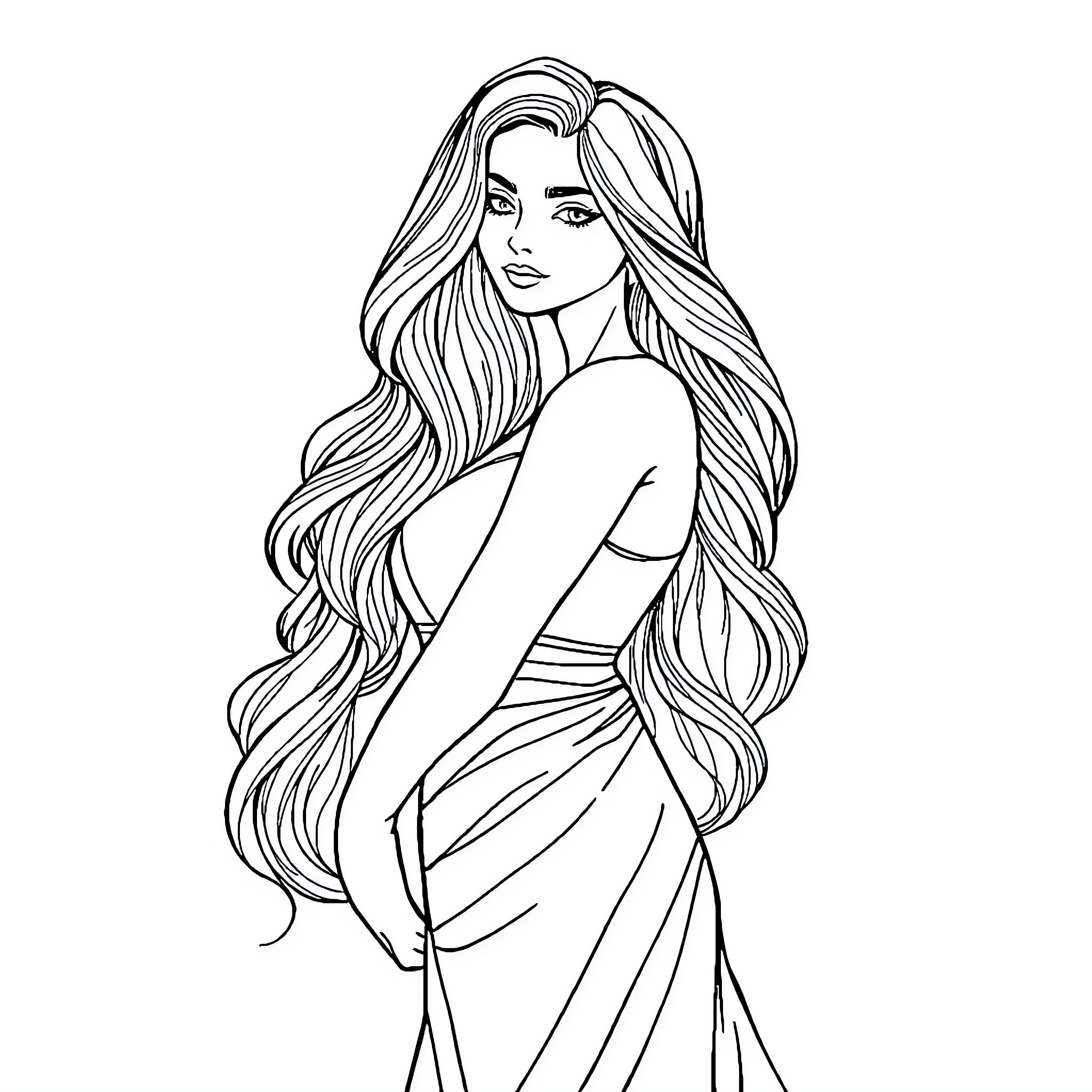 Woman with long flowing hair posing in a dress Coloring Page (free black-and-white line drawing printable PDF for all, from beginners to advanced learners, including children, teens, adults, and seniors)
