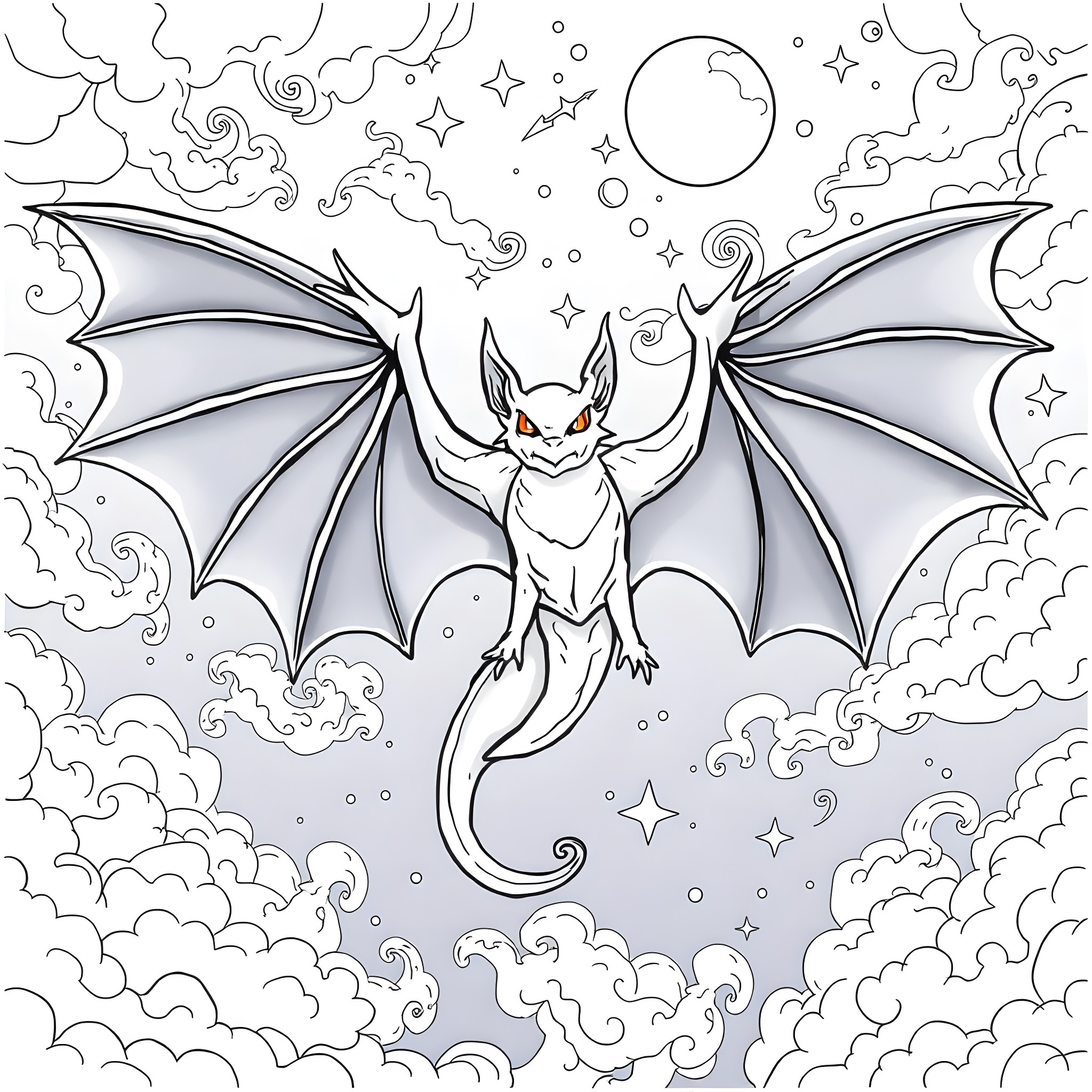 Dragon soaring through starry night sky Coloring Page (free black-and-white line drawing printable PDF for all, from beginners to advanced learners, including children, teens, adults, and seniors)