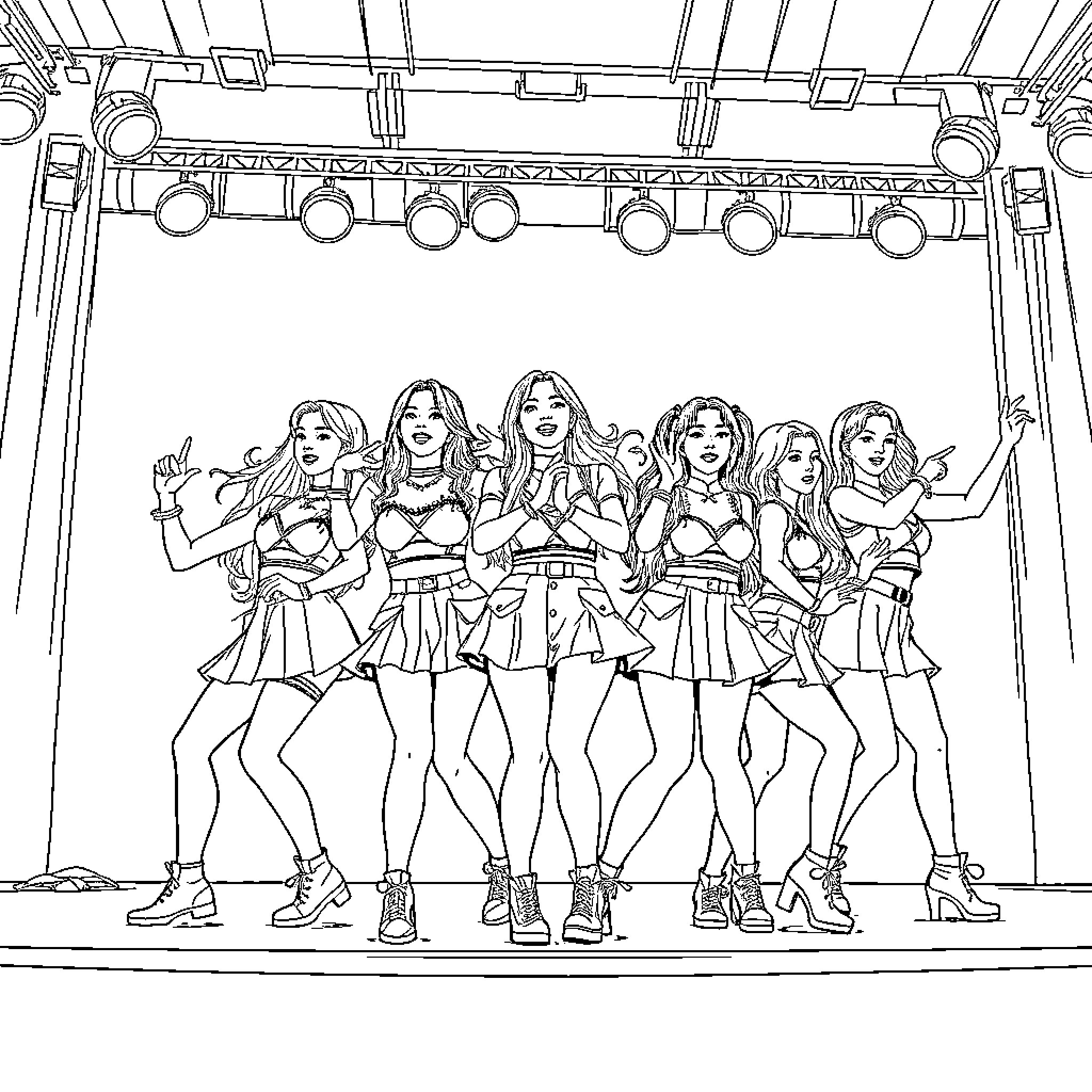 Kpop Girls Performing on Stage with Confidence Coloring Page (free black-and-white line drawing printable PDF for all, from beginners to advanced learners, including children, teens, adults, and seniors)