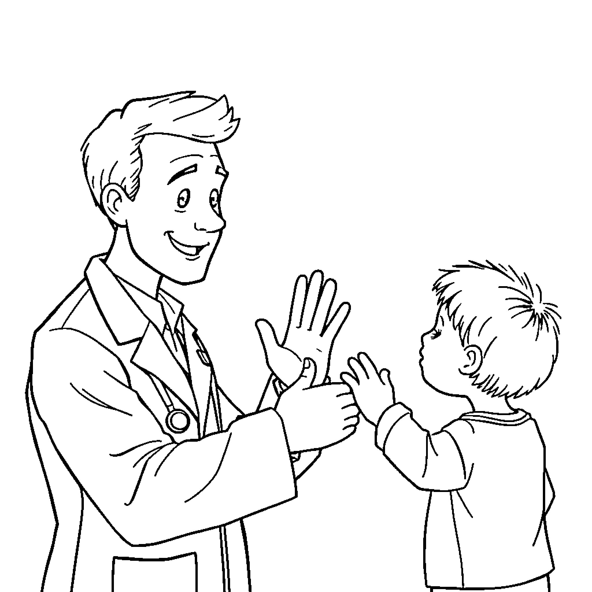 Doctor comforting and assisting young patient Coloring Page (free black-and-white line drawing printable PDF for all, from beginners to advanced learners, including children, teens, adults, and seniors)