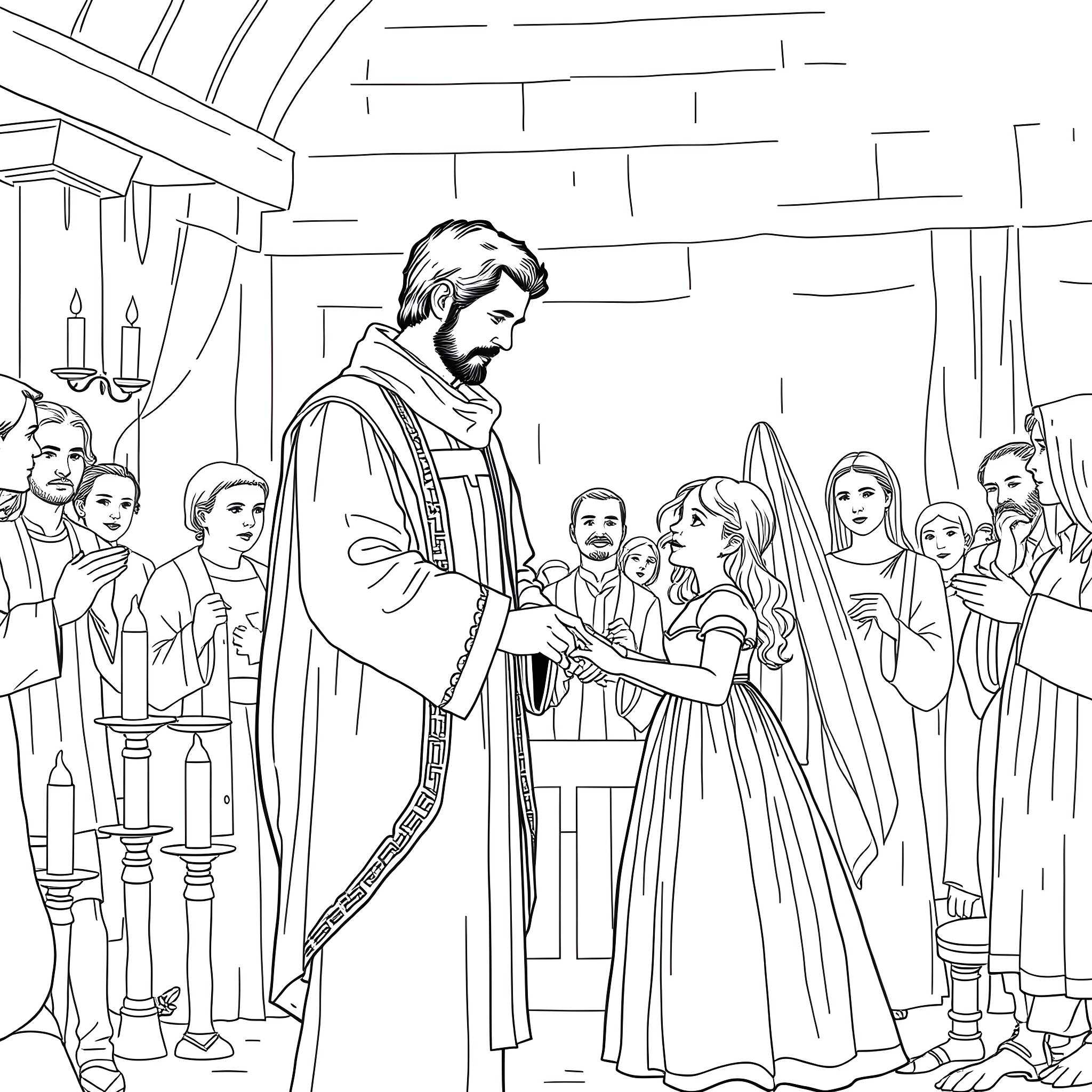 Joseph Smith preaching to a congregation in a church Coloring Page (free black-and-white line drawing printable PDF for all, from beginners to advanced learners, including children, teens, adults, and seniors)