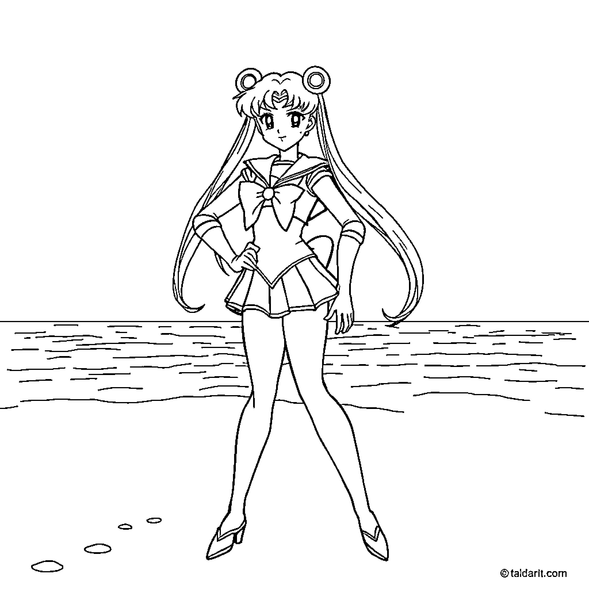 Sailor Moon in action on the beach Coloring Page (free black-and-white line drawing printable PDF for all, from beginners to advanced learners, including children, teens, adults, and seniors)