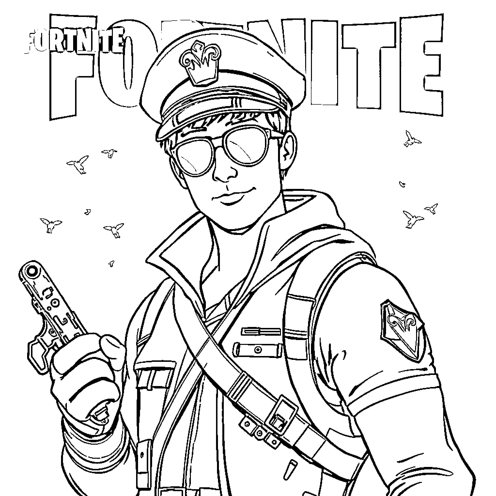 Avatar wearing sunglasses and holding a weapon Coloring Page (free black-and-white line drawing printable PDF for all, from beginners to advanced learners, including children, teens, adults, and seniors)