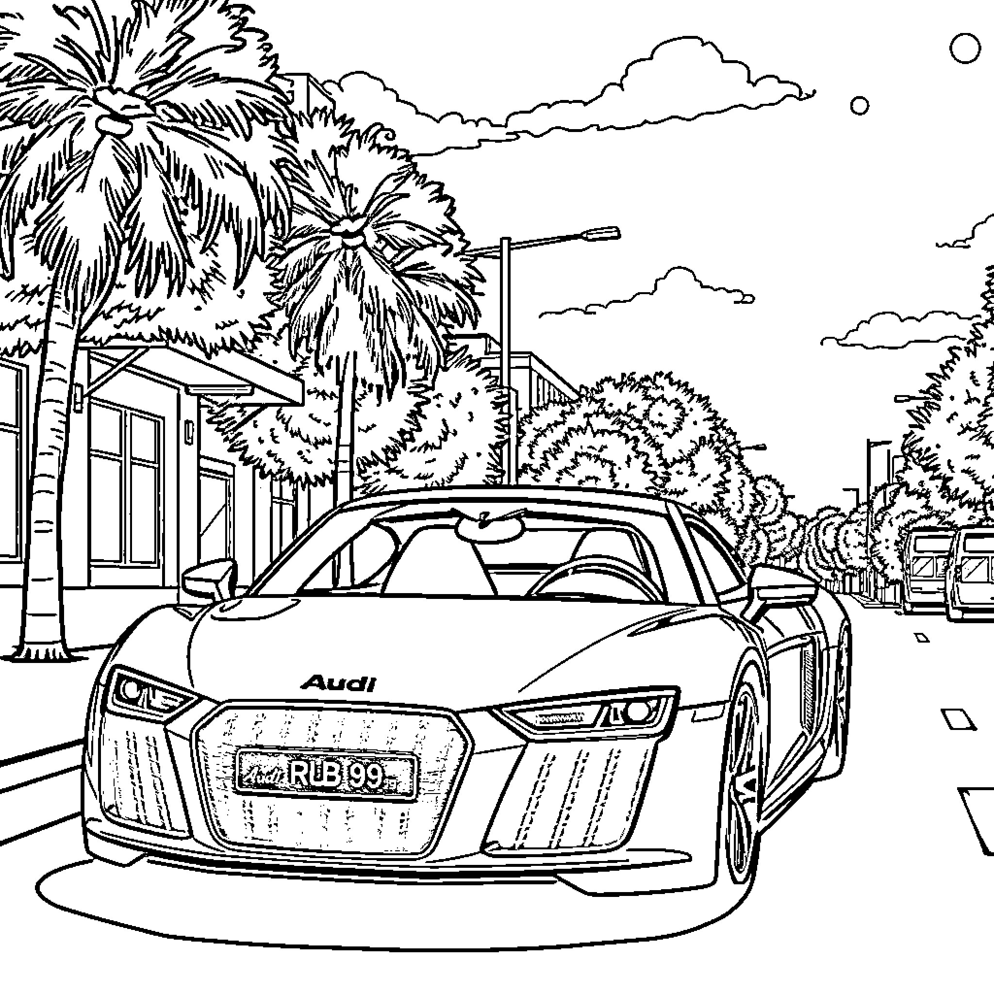 R8 Supercar Parked on Tropical Street Coloring Page (free black-and-white line drawing printable PDF for all, from beginners to advanced learners, including children, teens, adults, and seniors)