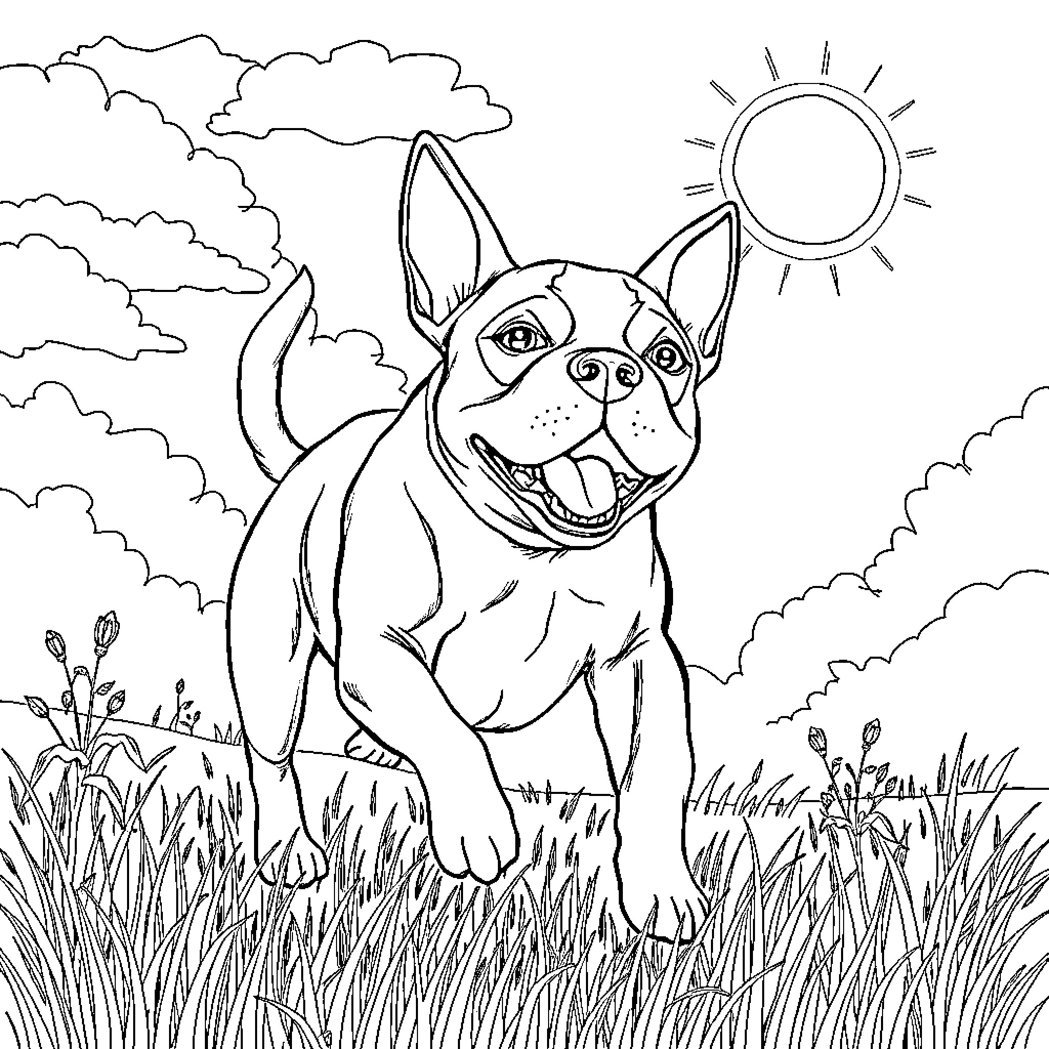 American Staffordshire Terrier happily playing in the sun Coloring Page (free black-and-white line drawing printable PDF for all, from beginners to advanced learners, including children, teens, adults, and seniors)