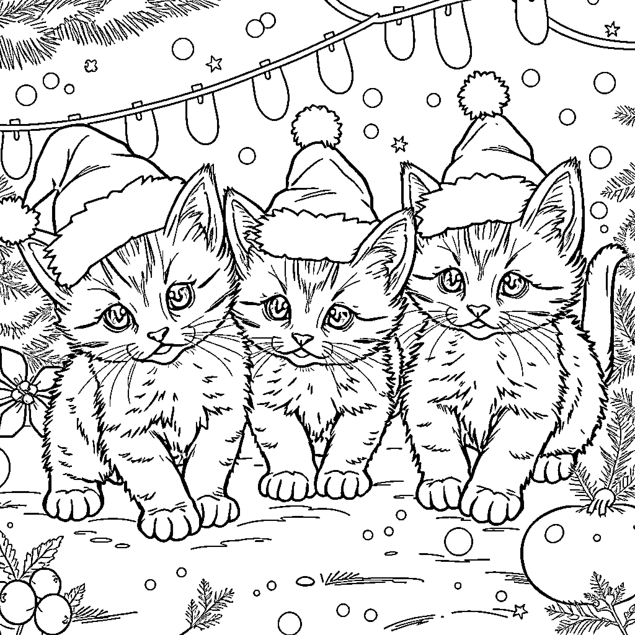 Kittens playing in the winter wonderland Coloring Page (free black-and-white line drawing printable PDF for all, from beginners to advanced learners, including children, teens, adults, and seniors)