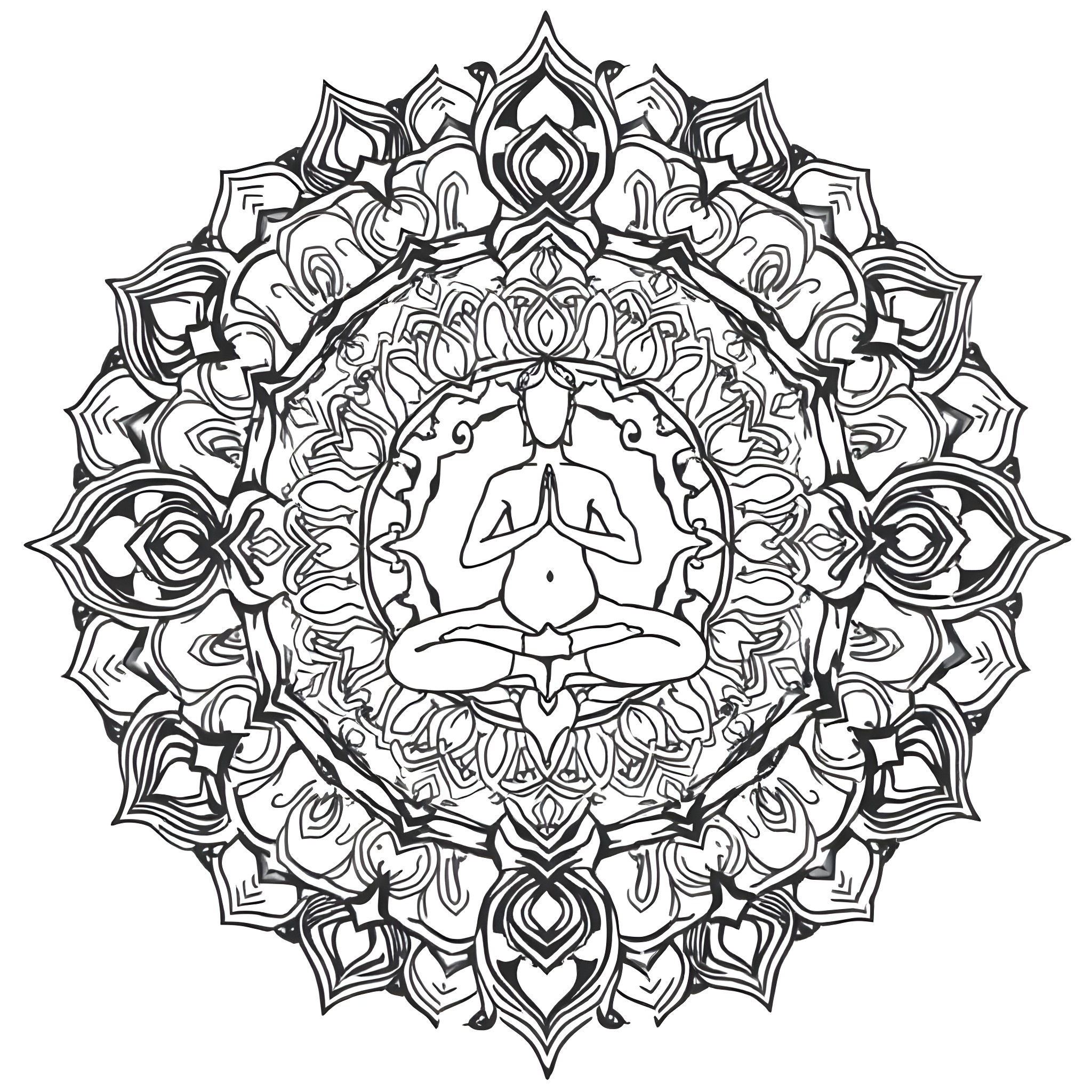 Mandala with Peaceful Human Figure in Lotus Pose Coloring Page (free black-and-white line drawing printable PDF for all, from beginners to advanced learners, including children, teens, adults, and seniors)