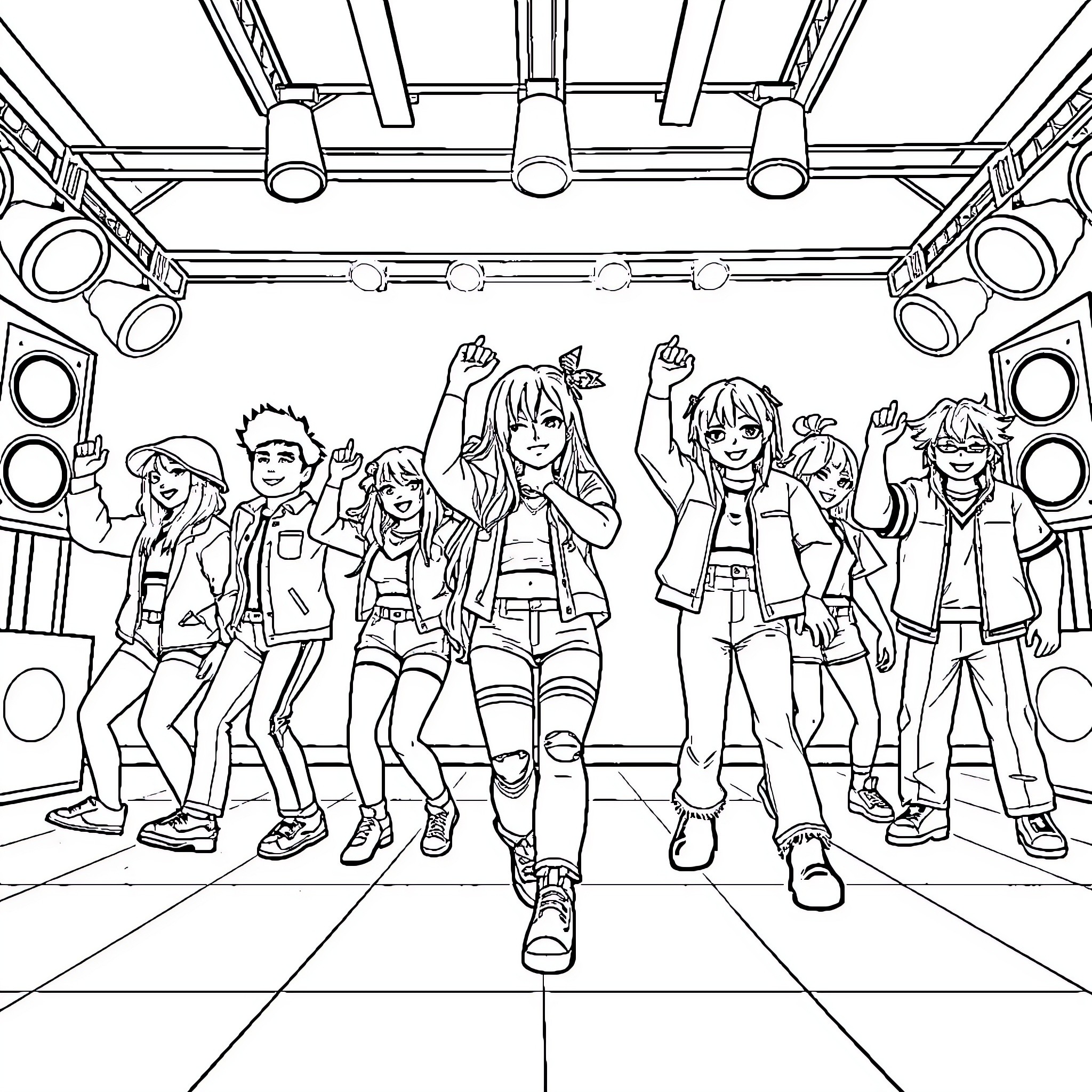 K Pop Group Performers on Stage Coloring Page (free black-and-white line drawing printable PDF for all, from beginners to advanced learners, including children, teens, adults, and seniors)