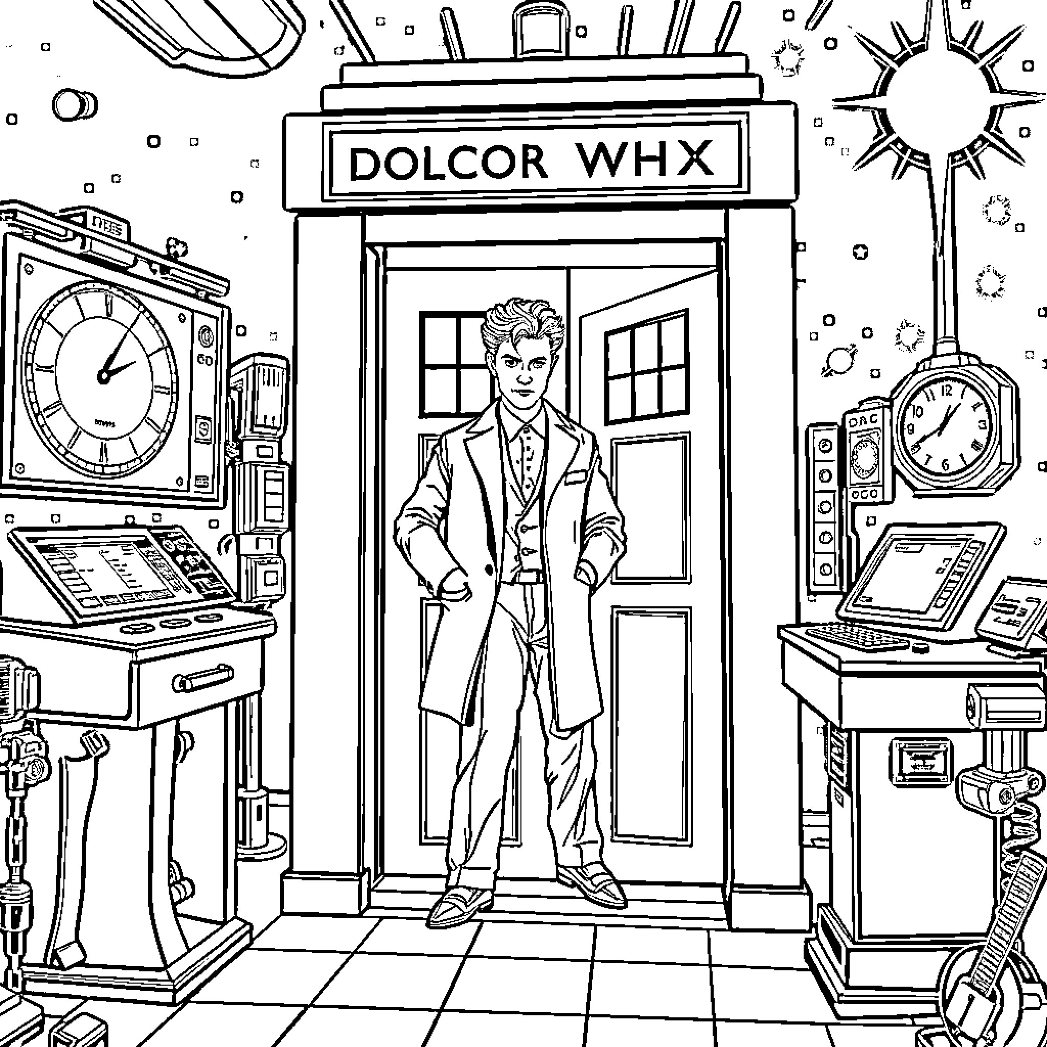 Doctor Who in the Dolcor Whx Coloring Page (free black-and-white line drawing printable PDF for all, from beginners to advanced learners, including children, teens, adults, and seniors)