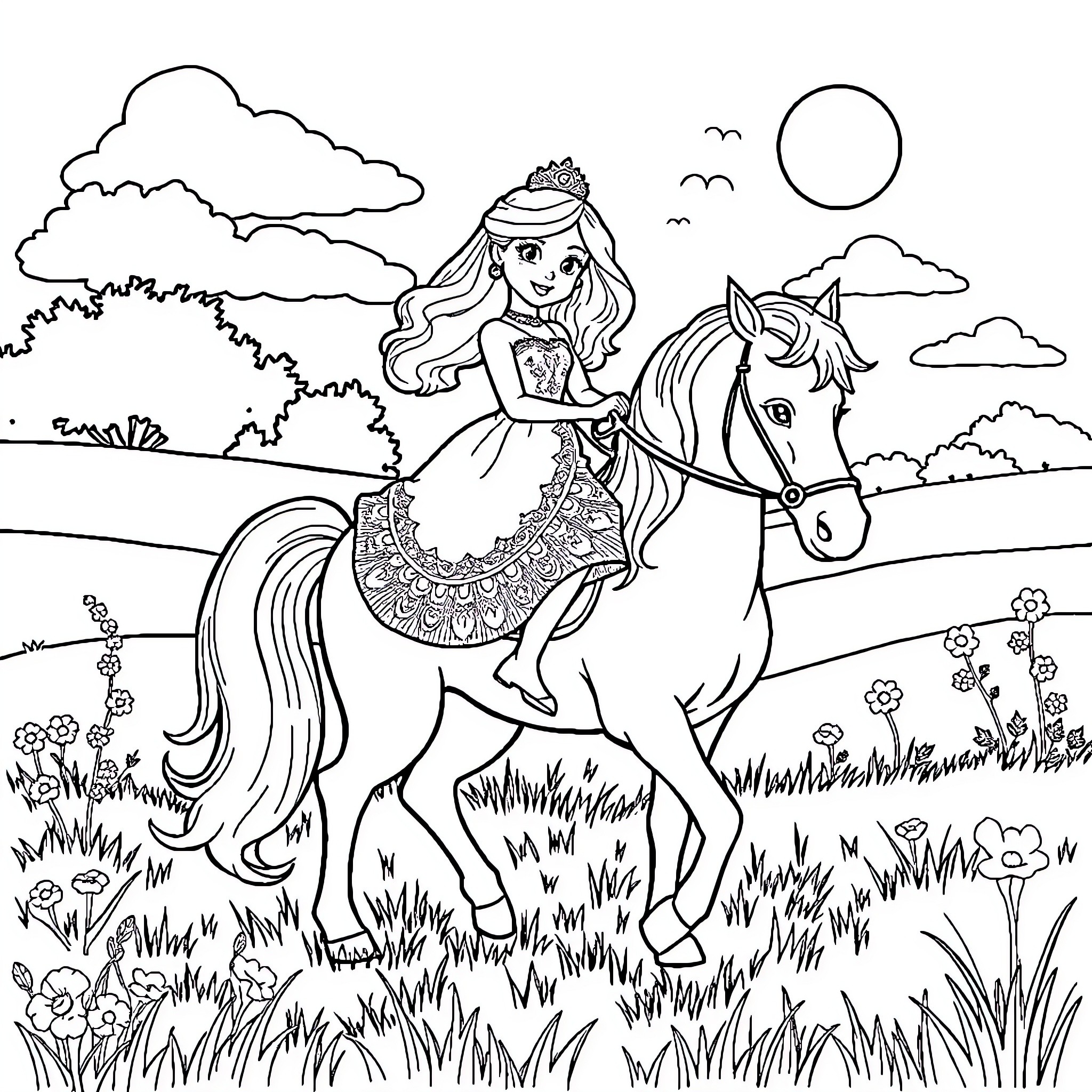 Princess Riding a Beautiful Horse in the Countryside Coloring Page (free black-and-white line drawing printable PDF for all, from beginners to advanced learners, including children, teens, adults, and seniors)
