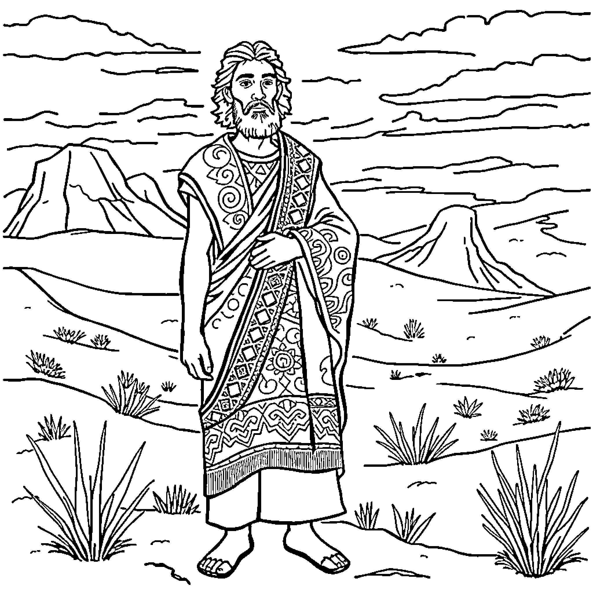 Joseph the Shepherd Overlooking the Rugged Landscape Coloring Page (free black-and-white line drawing printable PDF for all, from beginners to advanced learners, including children, teens, adults, and seniors)