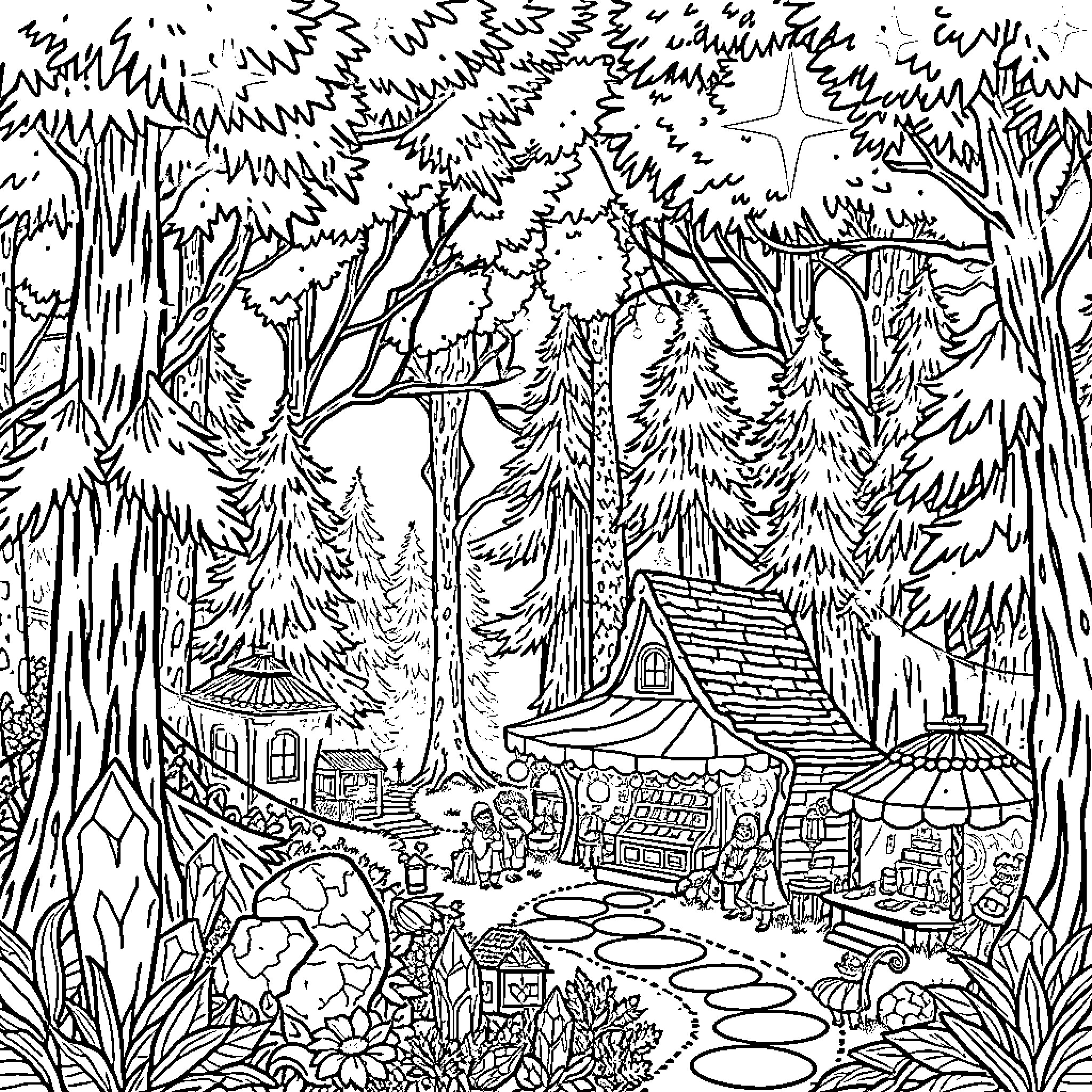 Fairy Enchanted Forest with Whimsical Structures Coloring Page (free black-and-white line drawing printable PDF for all, from beginners to advanced learners, including children, teens, adults, and seniors)