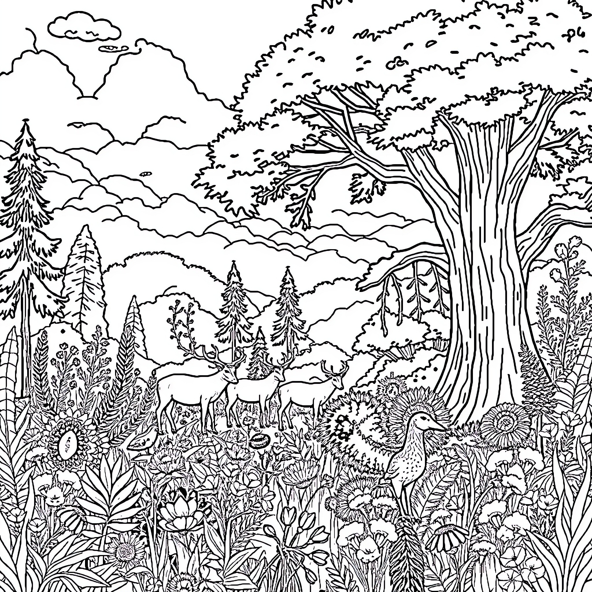 Landscape with wildlife in the forest Coloring Page (free black-and-white line drawing printable PDF for all, from beginners to advanced learners, including children, teens, adults, and seniors)