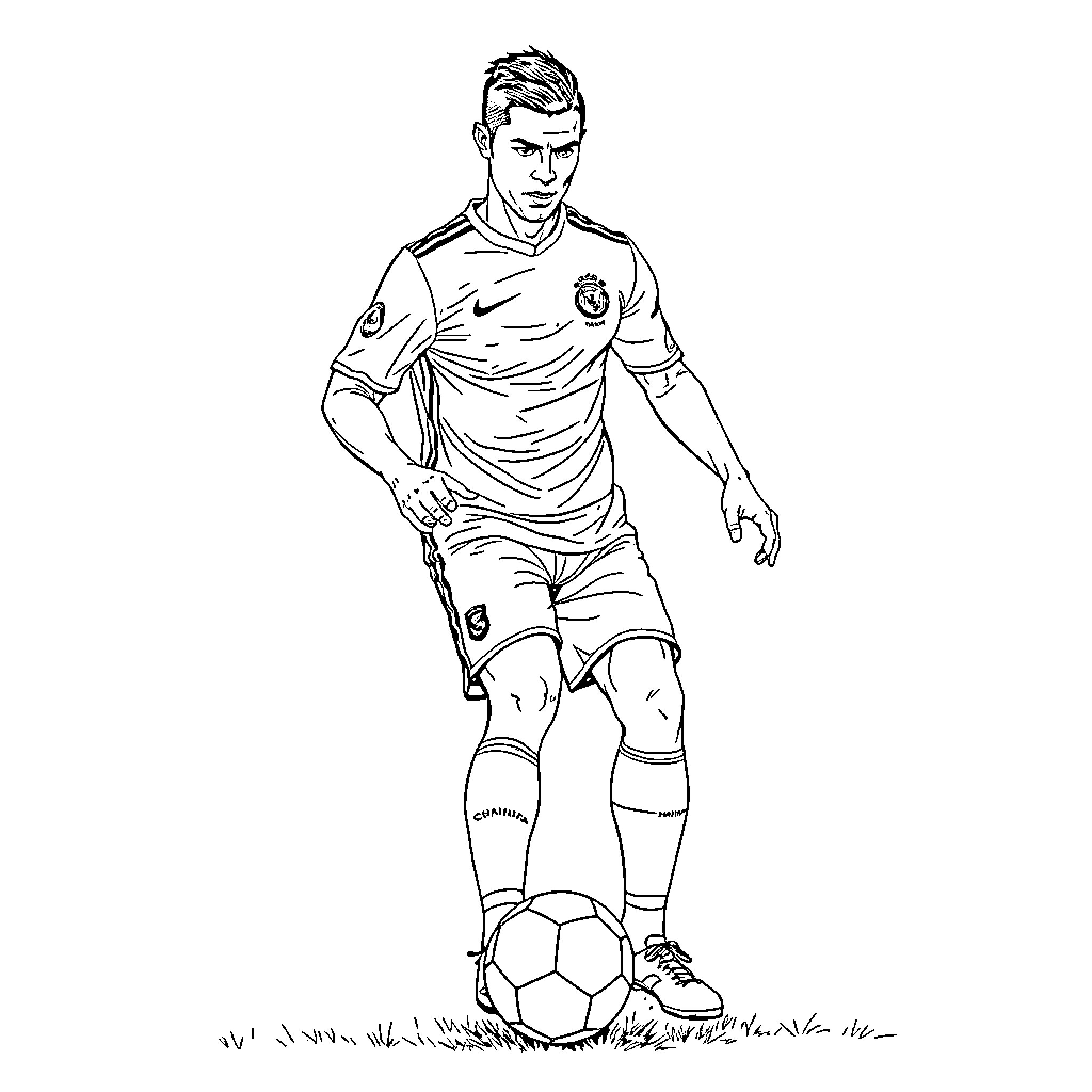 Cristiano Ronaldo playing soccer with determination Coloring Page (free black-and-white line drawing printable PDF for all, from beginners to advanced learners, including children, teens, adults, and seniors)