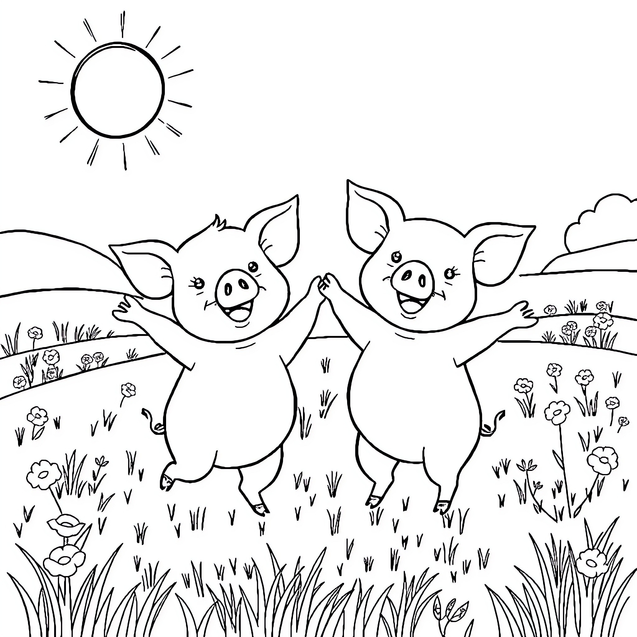 Pigs playing happily in the sunny meadow Coloring Page (free black-and-white line drawing printable PDF for all, from beginners to advanced learners, including children, teens, adults, and seniors)