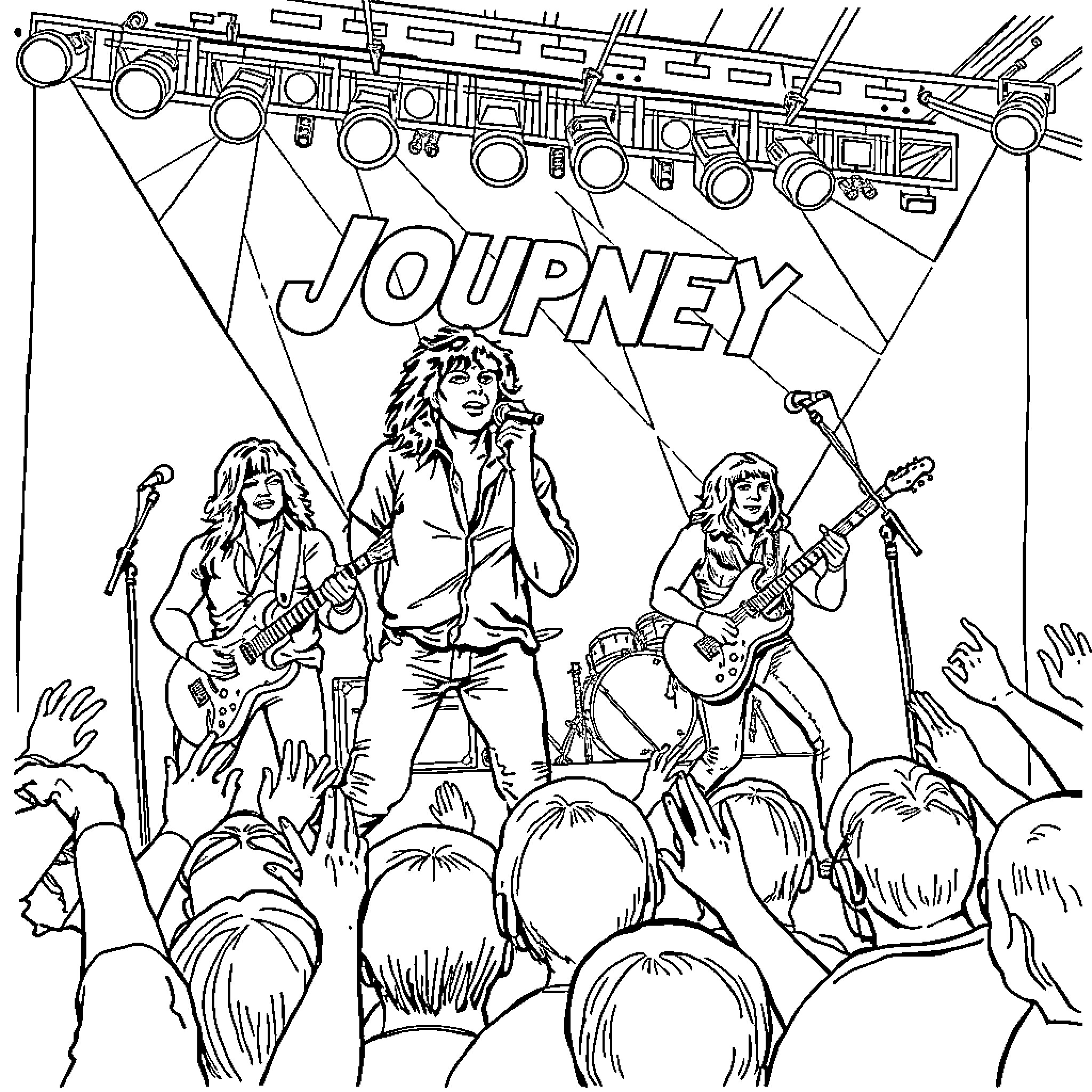 Band performing on stage before cheering crowd Coloring Page (free black-and-white line drawing printable PDF for all, from beginners to advanced learners, including children, teens, adults, and seniors)