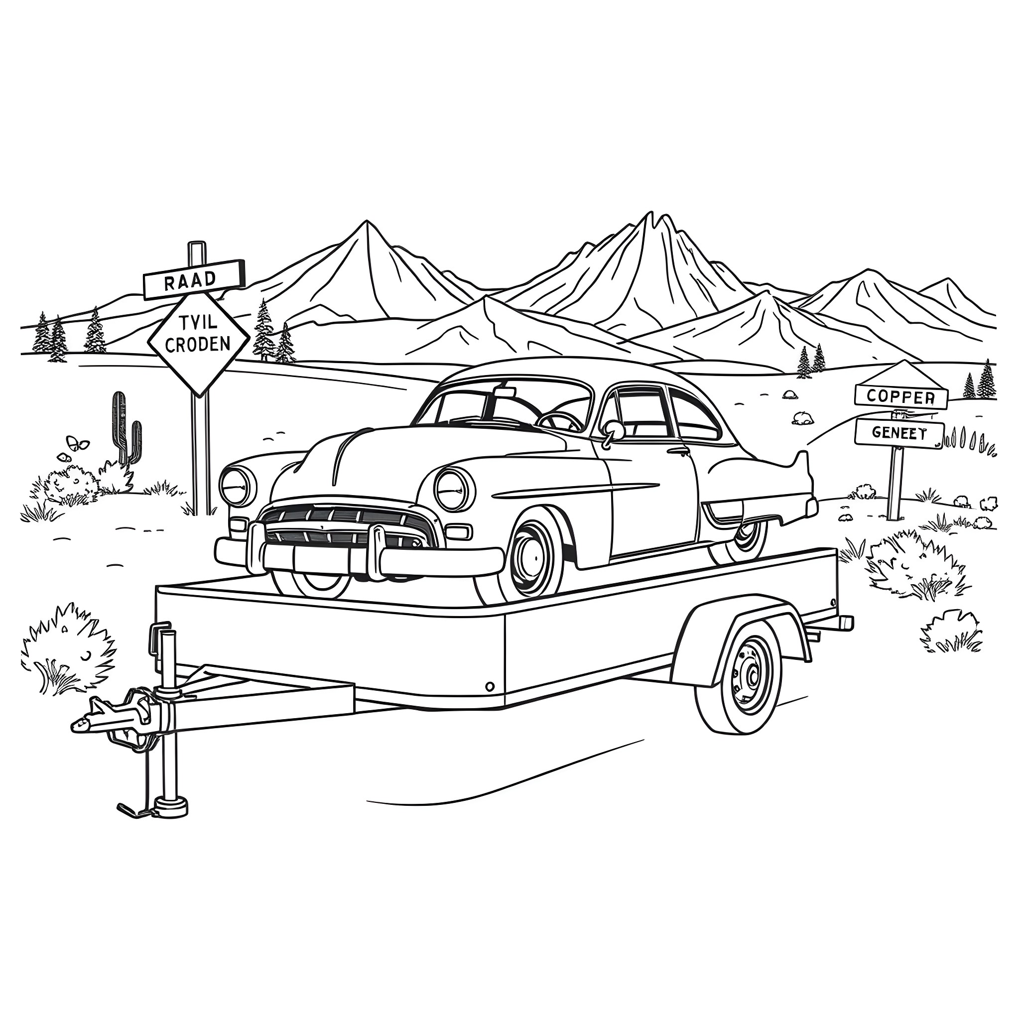 Classic Car Traveling Through Scenic Mountain Landscape Coloring Page (free black-and-white line drawing printable PDF for all, from beginners to advanced learners, including children, teens, adults, and seniors)
