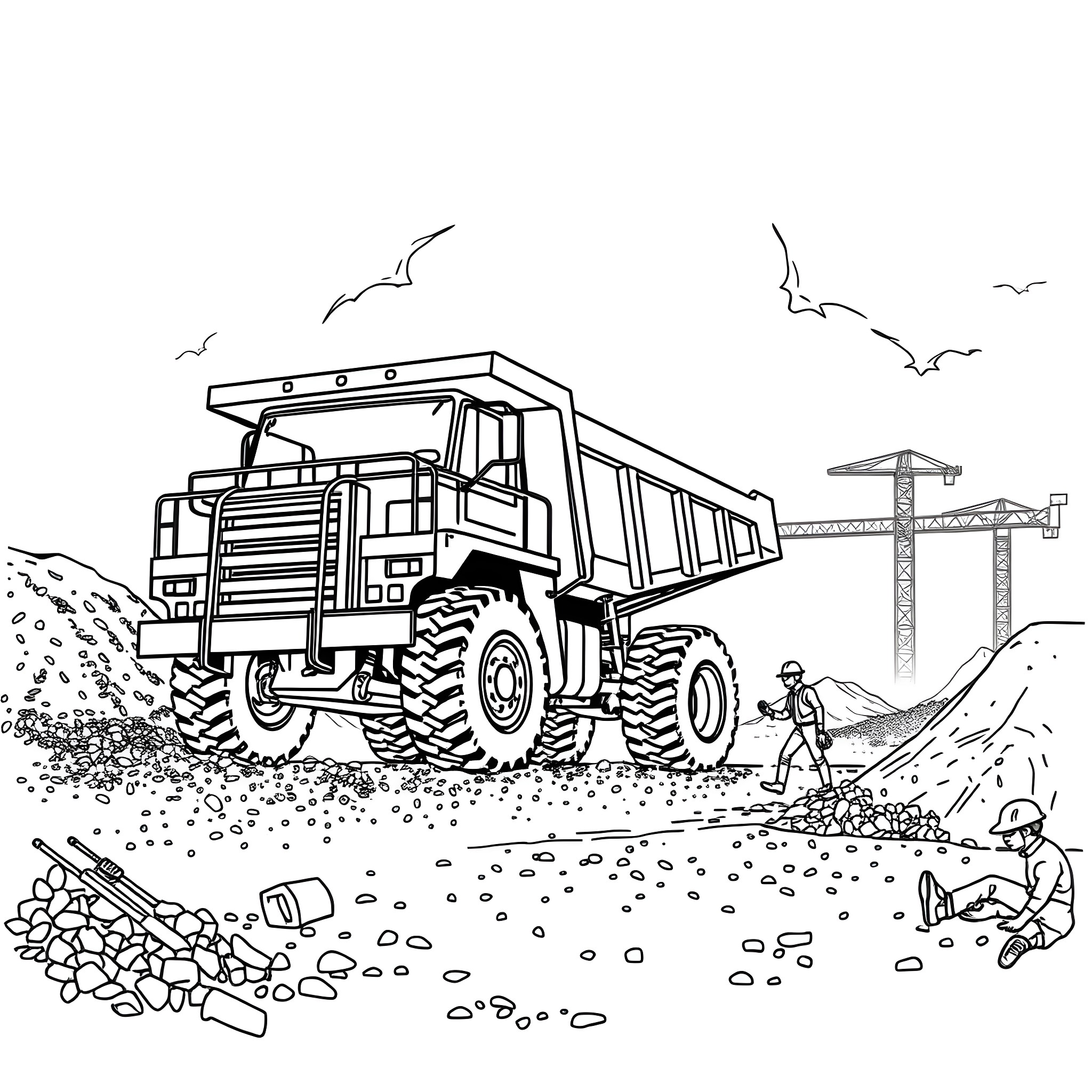 Dump Truck Transporting Construction Materials on Site Coloring Page (free black-and-white line drawing printable PDF for all, from beginners to advanced learners, including children, teens, adults, and seniors)