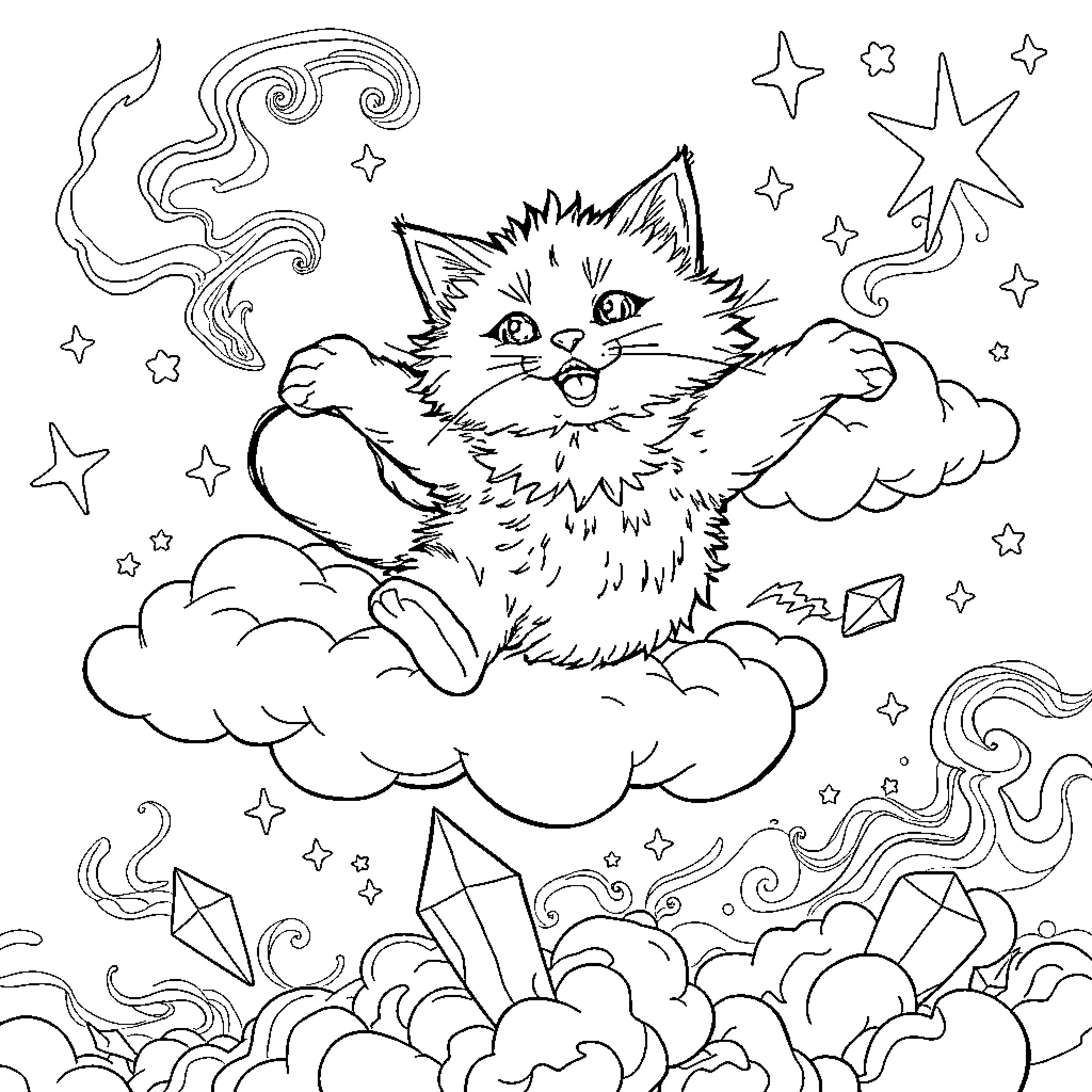 Cat in a Cosmic Wonderland Coloring Page (free black-and-white line drawing printable PDF for all, from beginners to advanced learners, including children, teens, adults, and seniors)