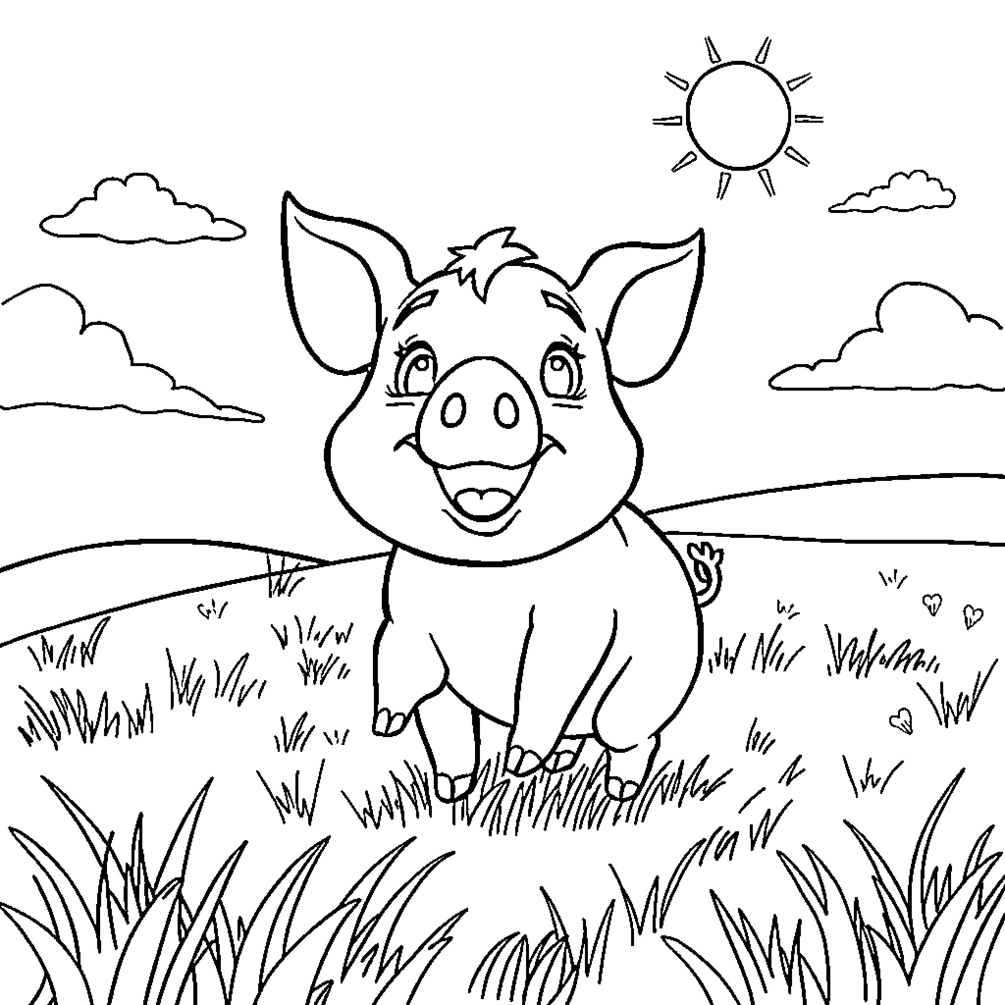 Pig enjoying the sunny day in the field Coloring Page (free black-and-white line drawing printable PDF for all, from beginners to advanced learners, including children, teens, adults, and seniors)